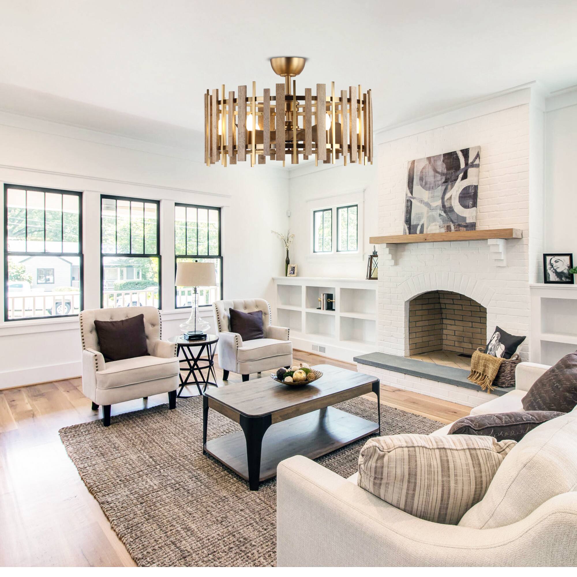 Angle. Perimost - 30" Gold Farmhouse Handmade Wood Shade Fandelier Ceiling Fan with Remote and DC Reversible Motor - Gold.