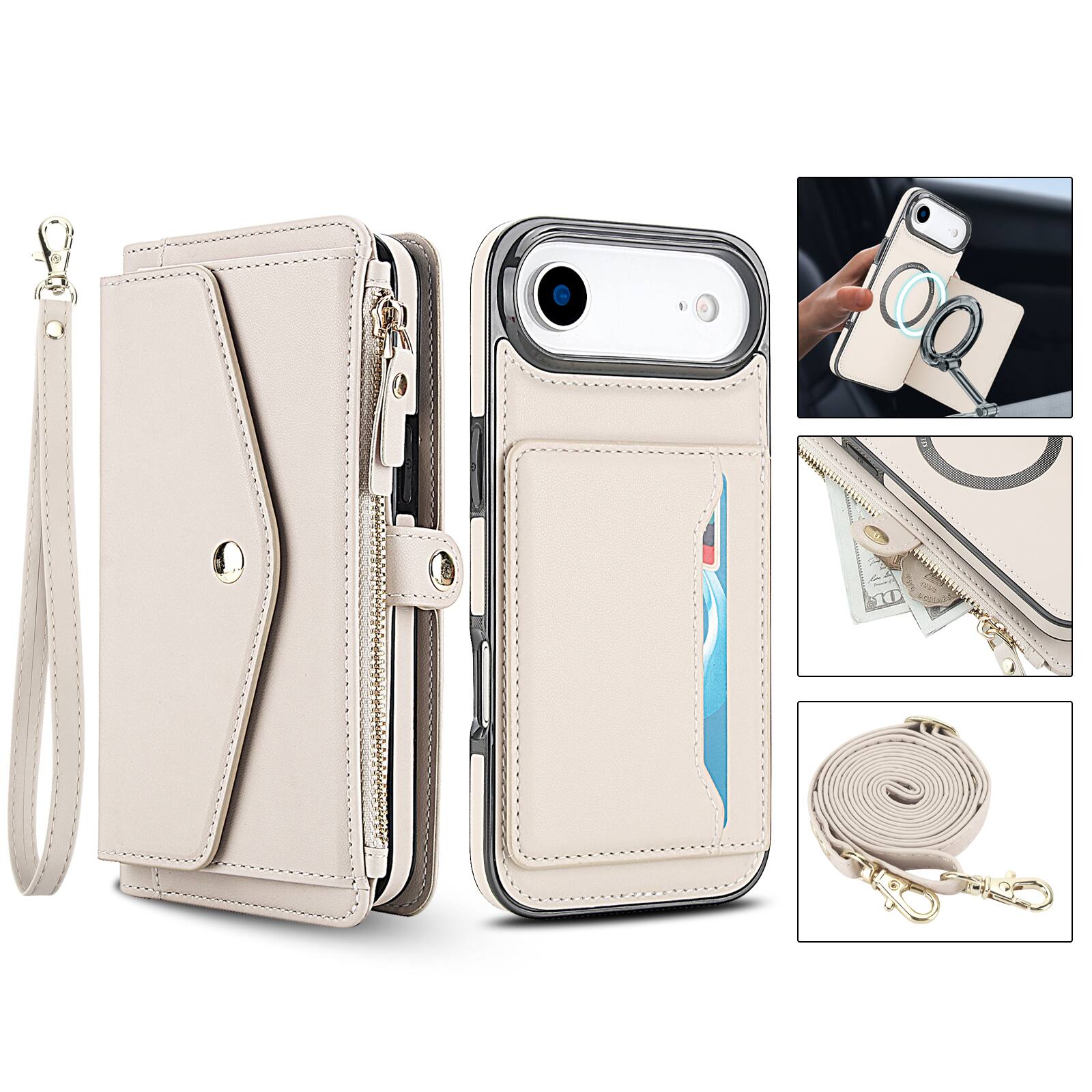 Back. Dteck - Crossbody RFID Blocking Zipper Wallet Card For iPhone Air (2025) Handbag Magnetic Kickstand Wrist Strap Case - White.