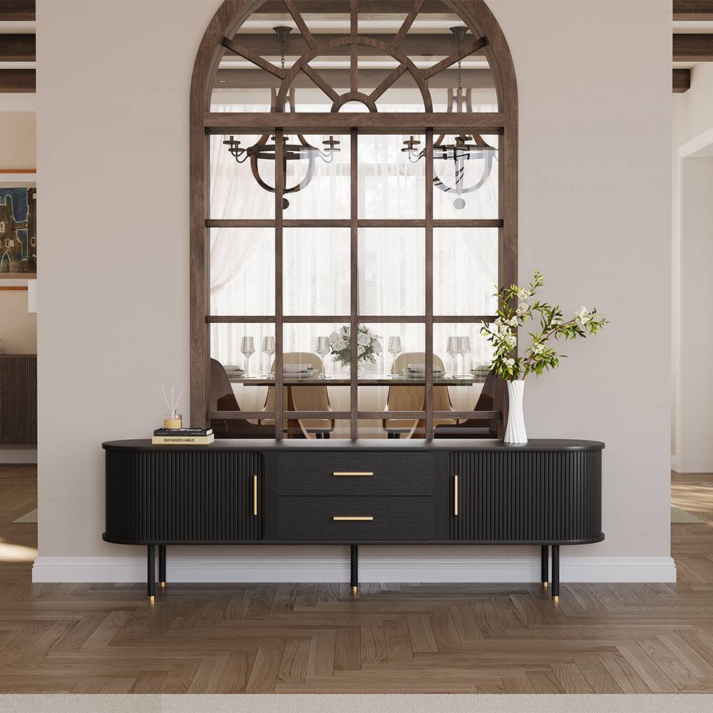 Angle. POVISON - 78.74"Mid-Century TV Stand, with Minimalist Wood Media Console with Roller Shutter Door, Tall-Cast Metal Legs - Black.