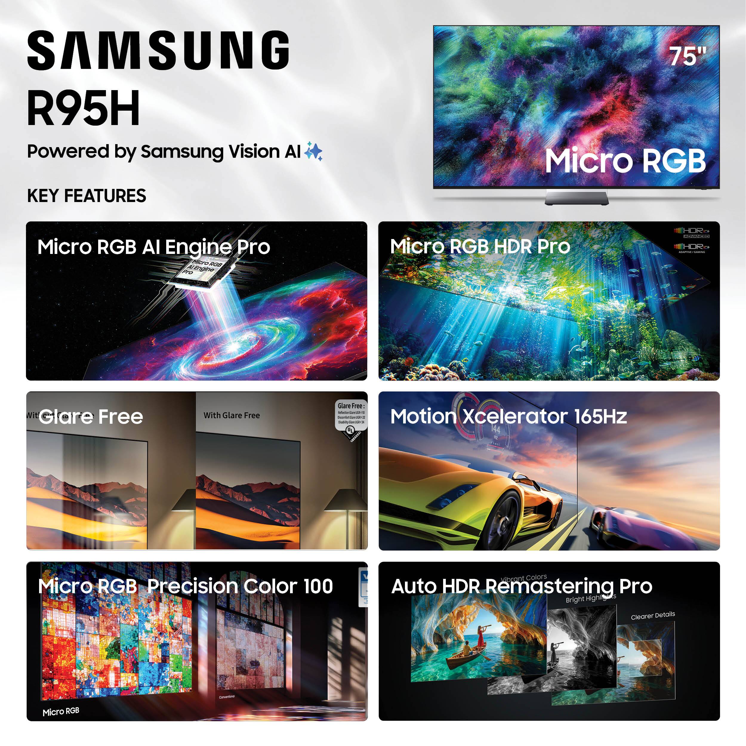 SAMSUNG R95H  
Powered by Samsung Vision AI  

KEY FEATURES  
- Micro RGB AI Engine Pro  
- Micro RGB HDR Pro  
- Glare Free  
- Motion Xcelerator 165Hz  
- Micro RGB Precision Color 100  
- Auto HDR Remastering Pro