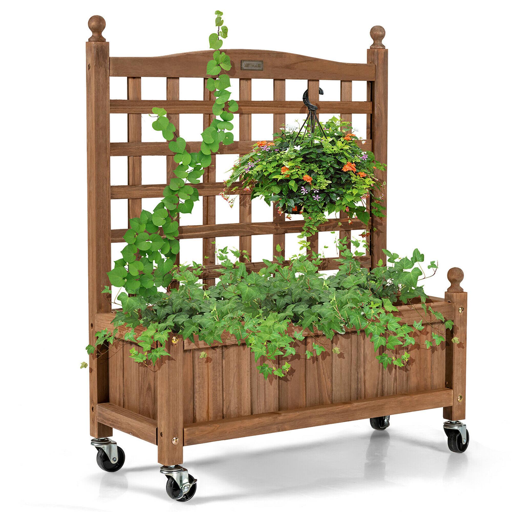 Gymax - 32in Wood Planter Box w/Trellis Mobile Raised Bed for Climbing Plant - Natural