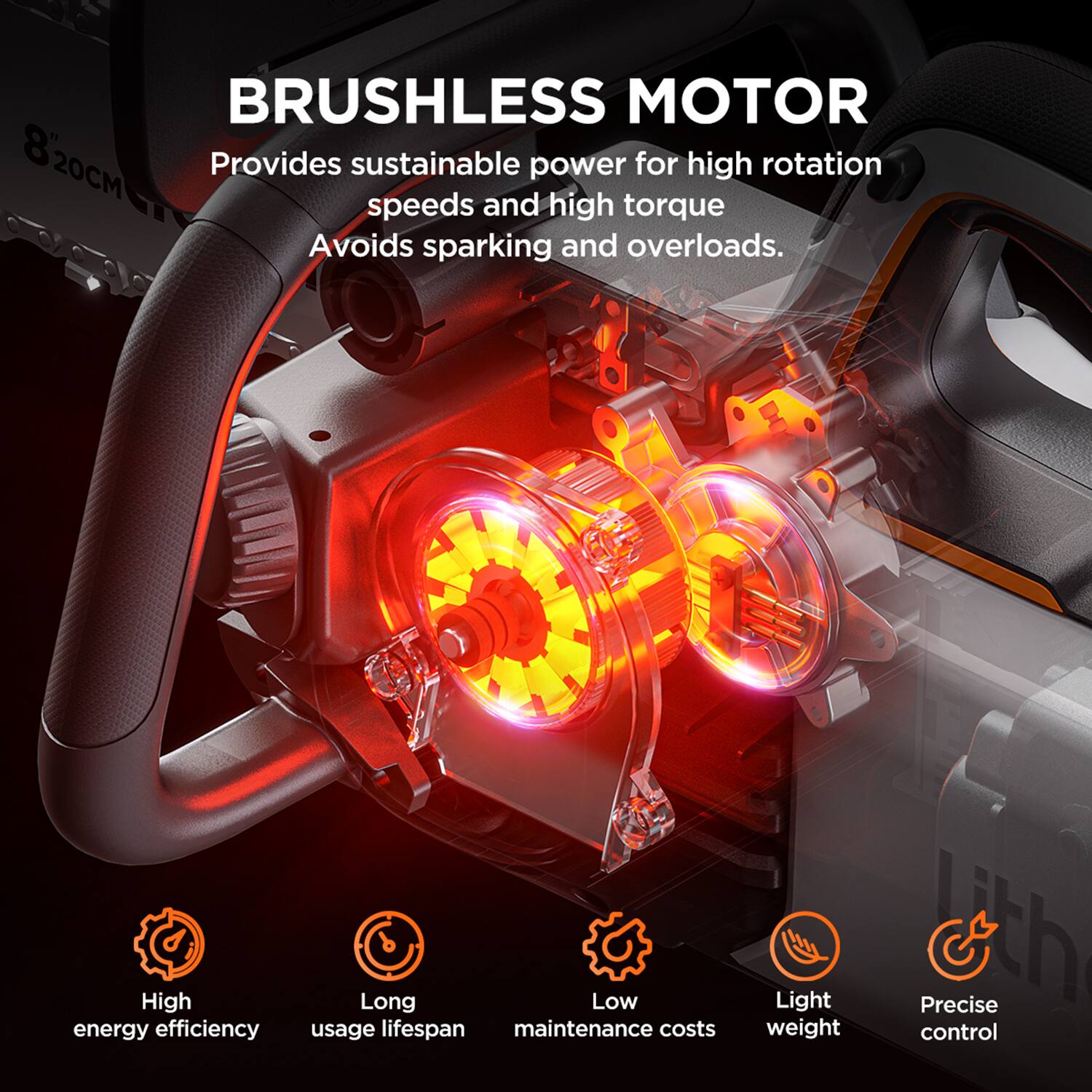 BRUSHLESS MOTOR

Provides sustainable power for high rotation speeds and high torque. Avoids sparking and overloads.

High energy efficiency
Long usage lifespan
Low maintenance costs
Light weight
Precise control