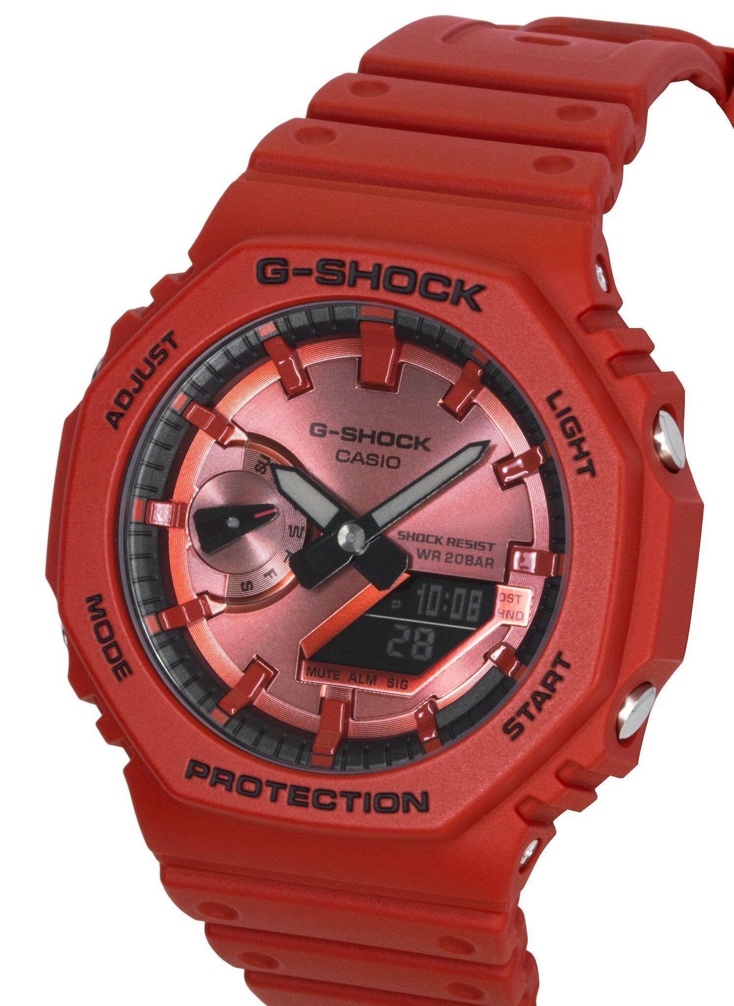 G-SHOCK ADJUST G-SHOCK CASIO LIGHT SHOCK RESIST WR 20BAR 10:08 OST HND MODE MUTE ALM 28 SIG START PROTECTION