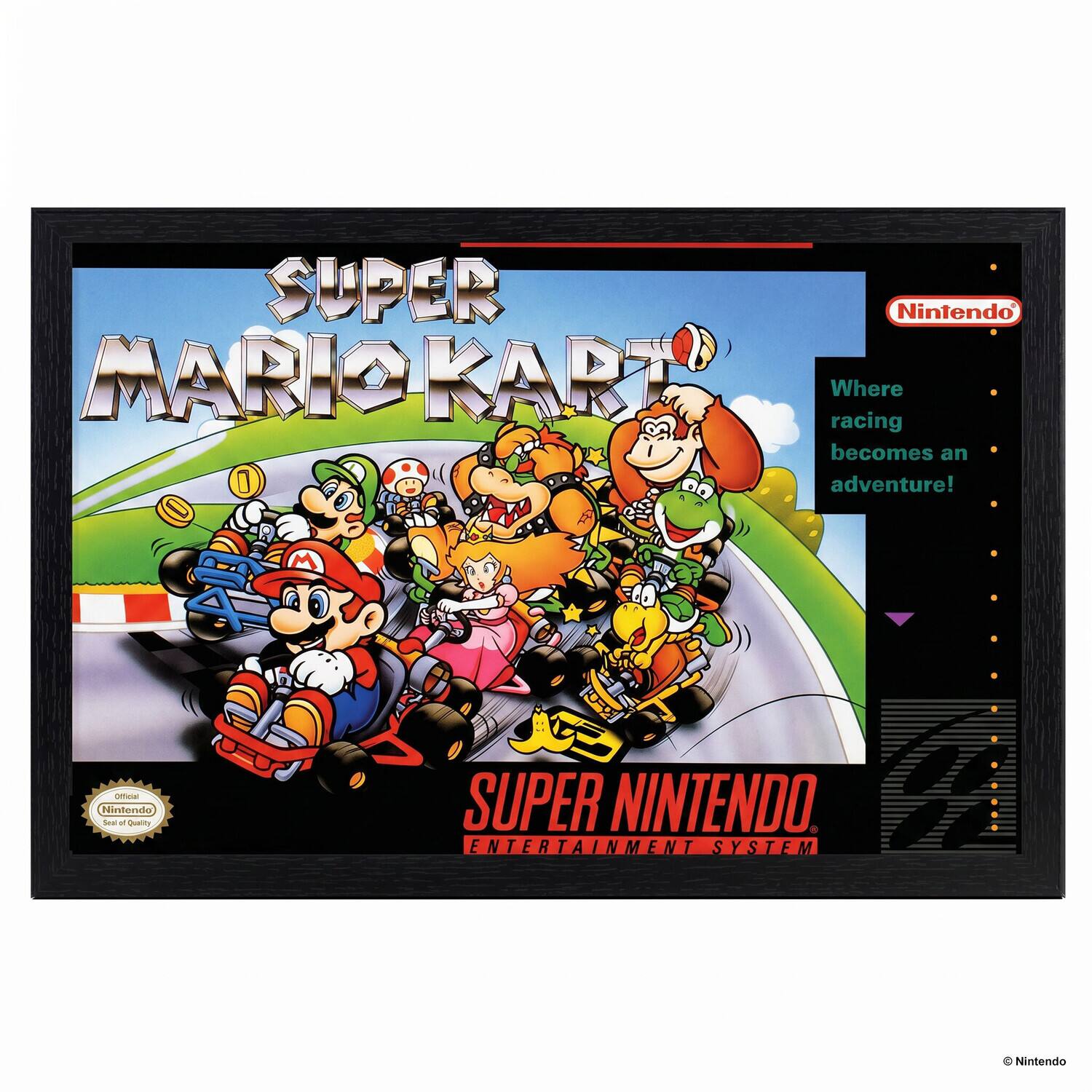 SUPER Nintendo MARIO KART  
Where racing becomes an adventure!  

Official Nintendo Seal of Quality  

SUPER NINTENDO ENTERTAINMENT SYSTEM  

Nintendo