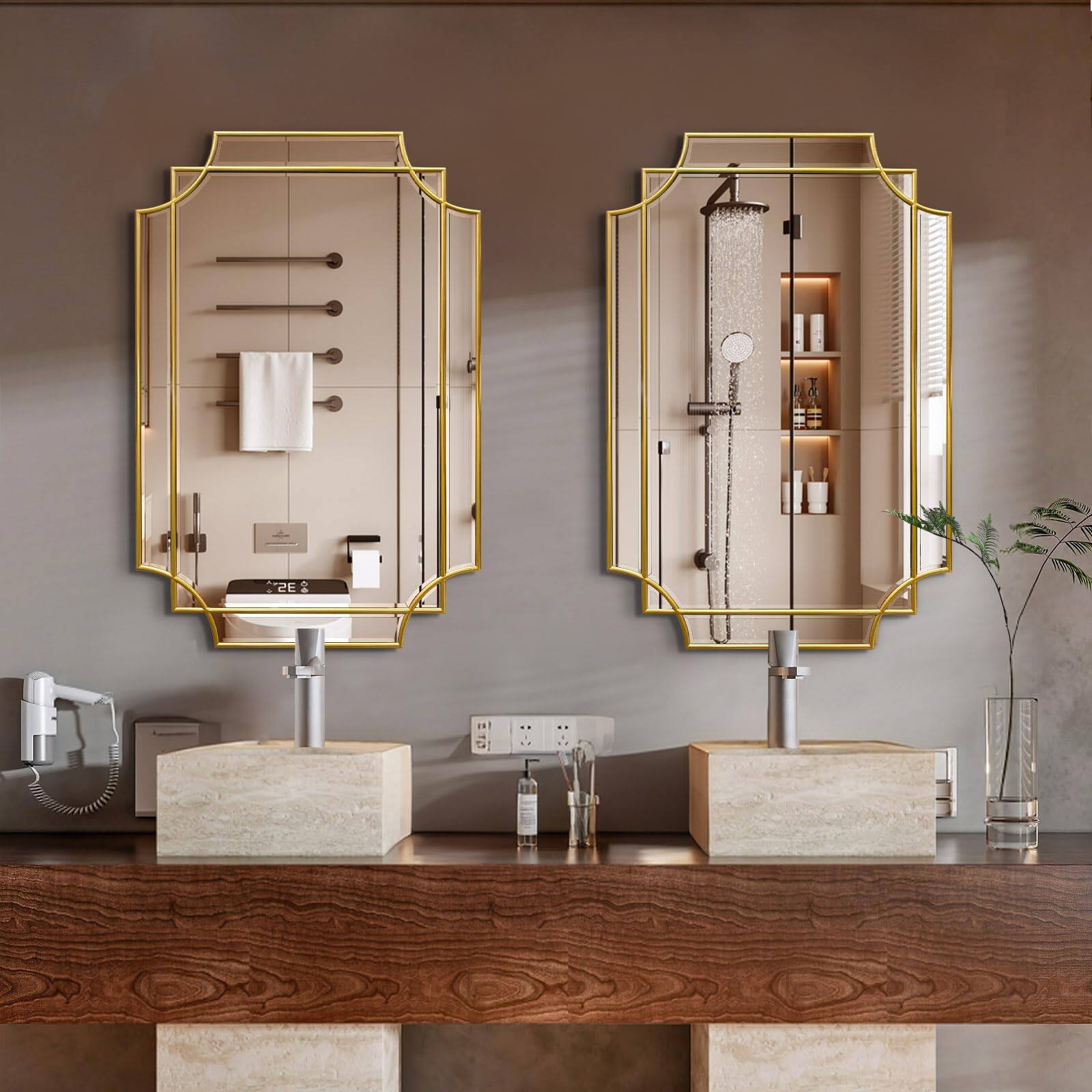 Left. Dazzling Pops - Mirror For Wall Wood Framed Scalloped Beveled Polished Rectangle Large Decorative Mirrors Decor Irregular L - Gold 48"L x 32"W.