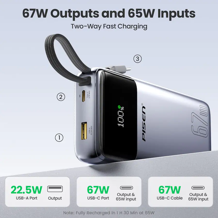 Display Using Usb B PISEN 20000mAh 67W Fast Charging Power Bank with Built In USB C Cable ...