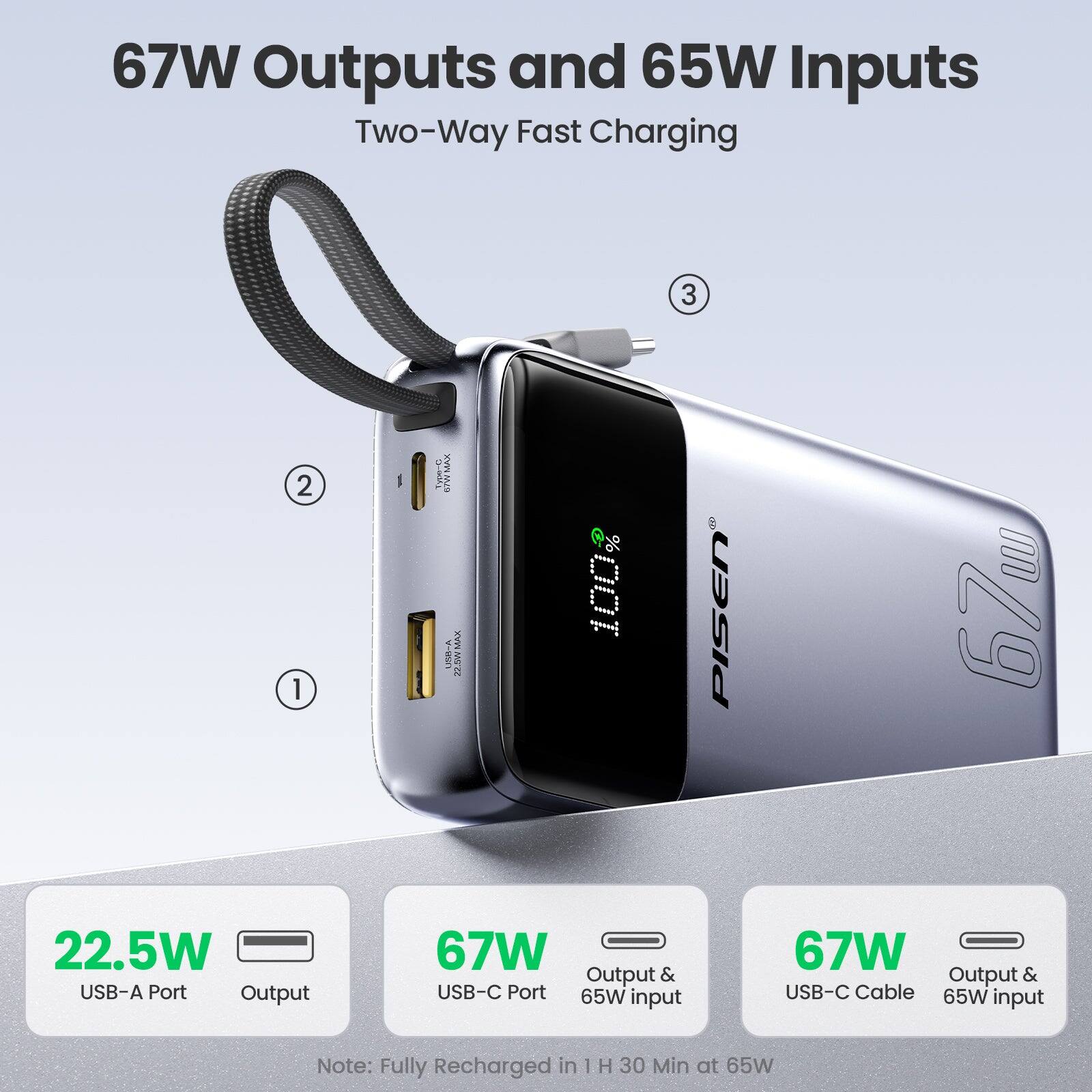 PISEN 20000mAh 67W Fast Charging Power Bank with Built In USB C Cable ...