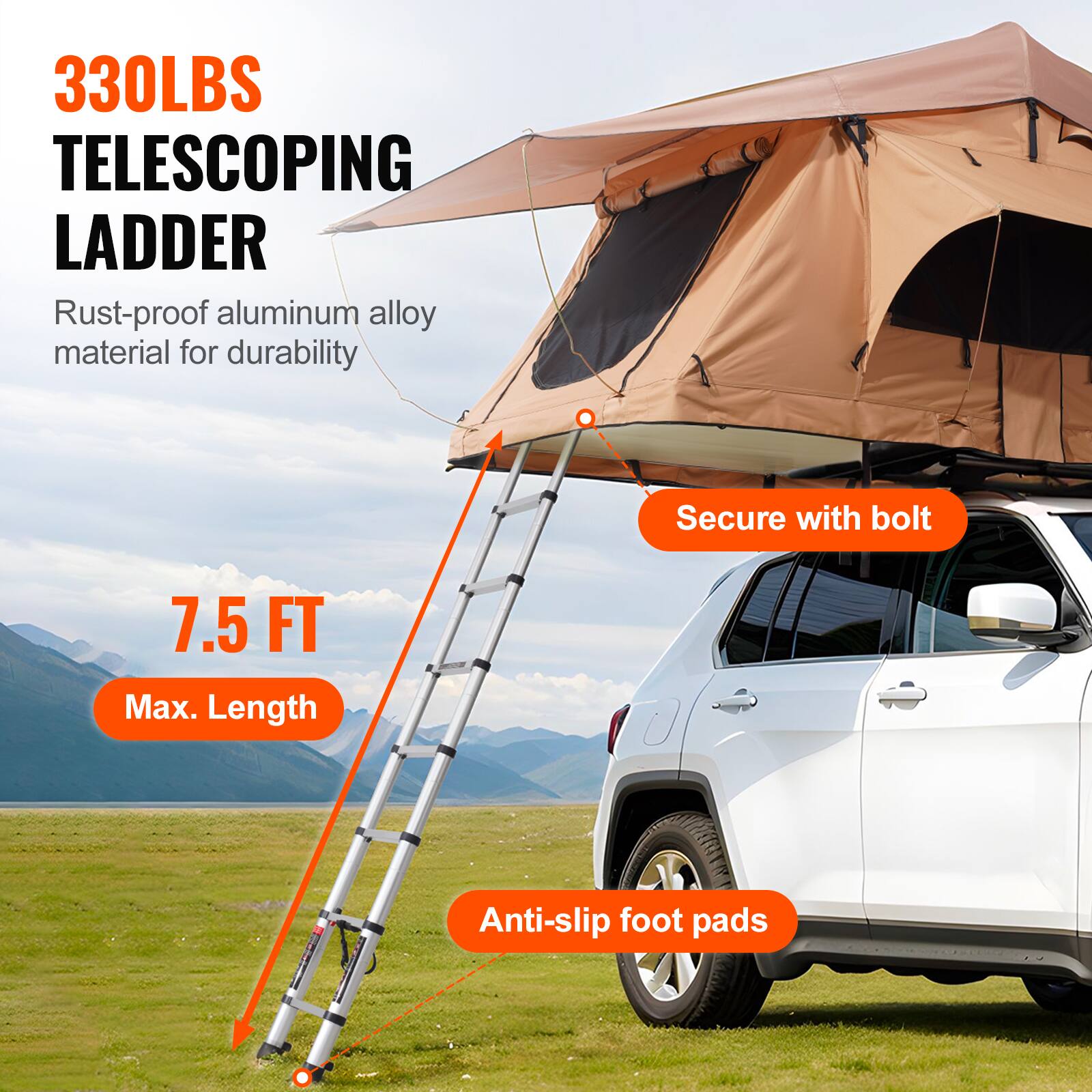 330LBS TELESCOPING LADDER, Rust-proof aluminum alloy material for durability, Secure with bolt, 7.5 FT Max. Length, Anti-slip foot pads