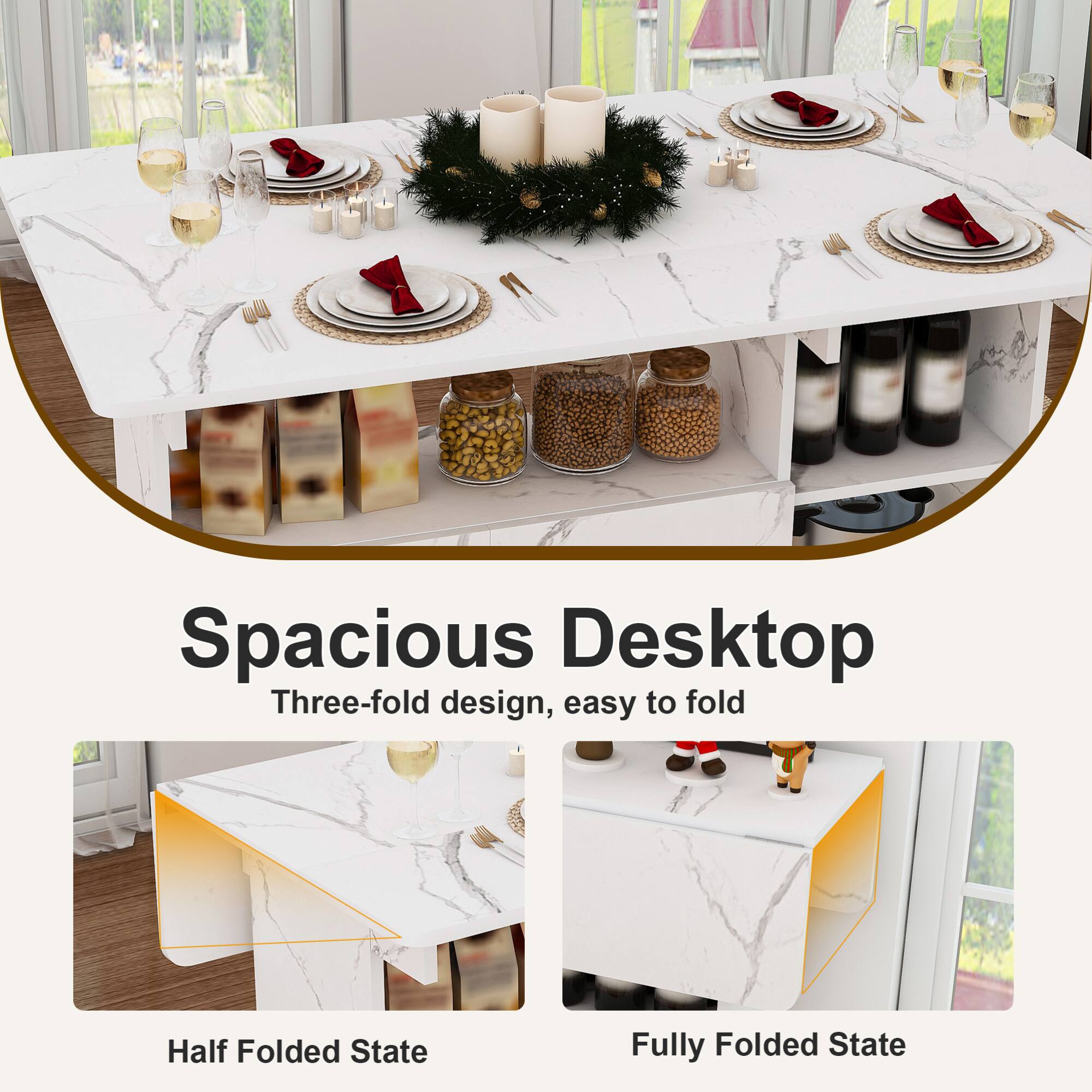 Spacious Desktop  
Three-fold design, easy to fold  

Half Folded State  
Fully Folded State