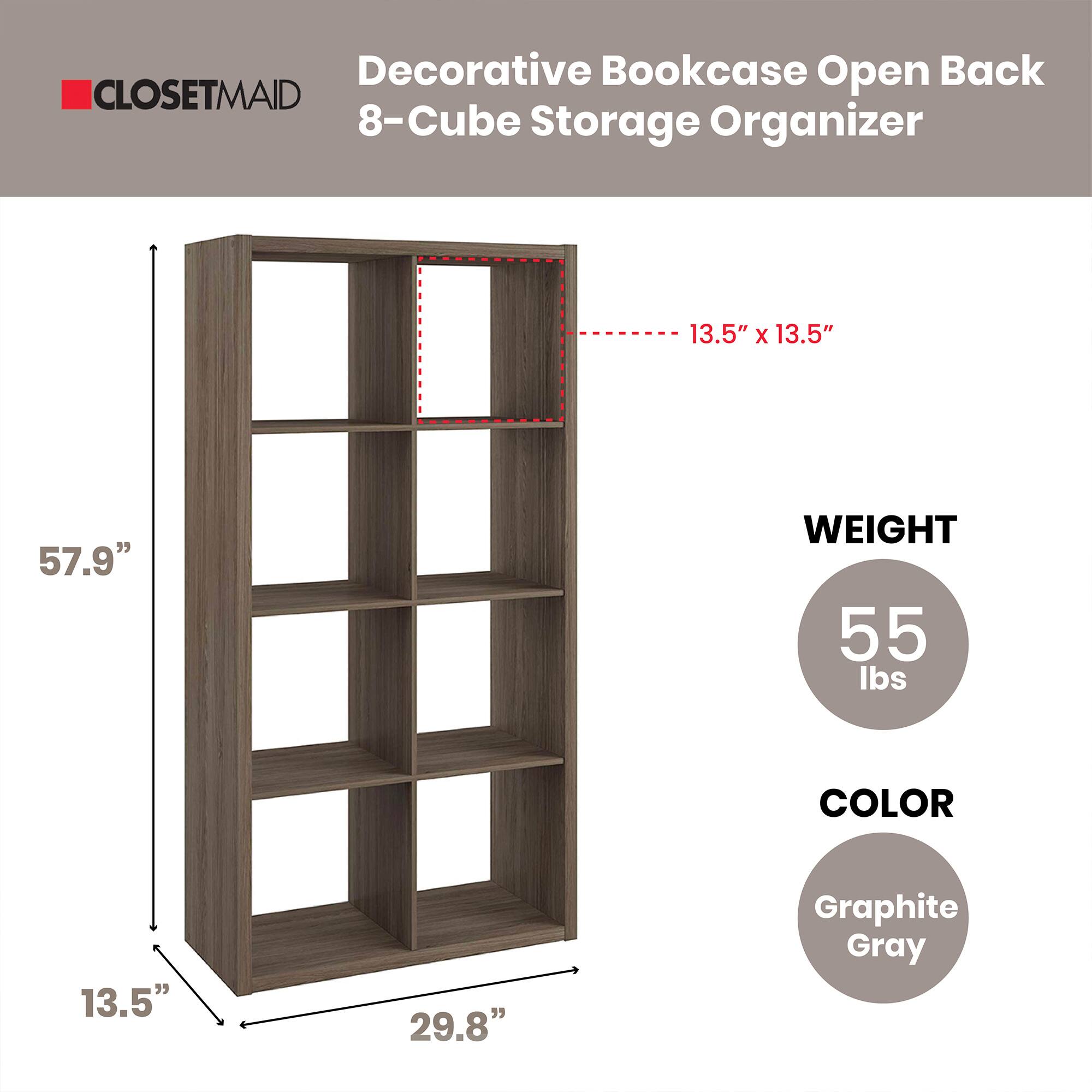 Decorative Bookcase Open Back 8-Cube Storage Organizer  
13.5" x 13.5" x 57.9"  
Weight: 55 lbs  
Color: Graphite Gray