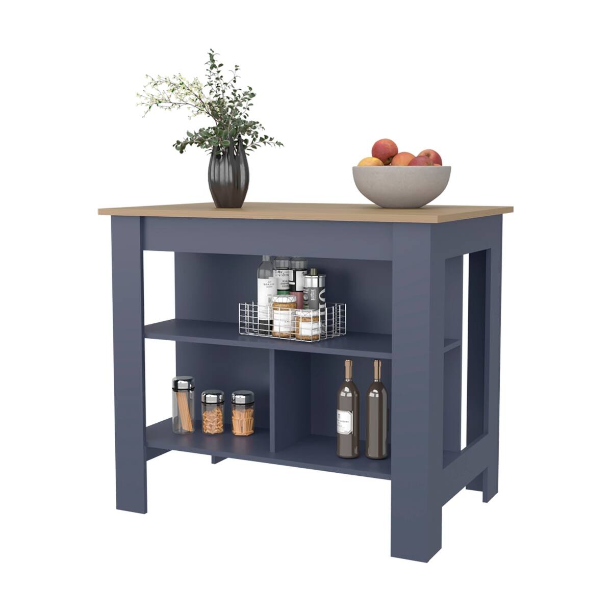 Angle. Loheer - Loheer Blue and Ash Kitchen Island Stationary Kitchen Island with Open Shelves 40 Inch Wide - Blue.