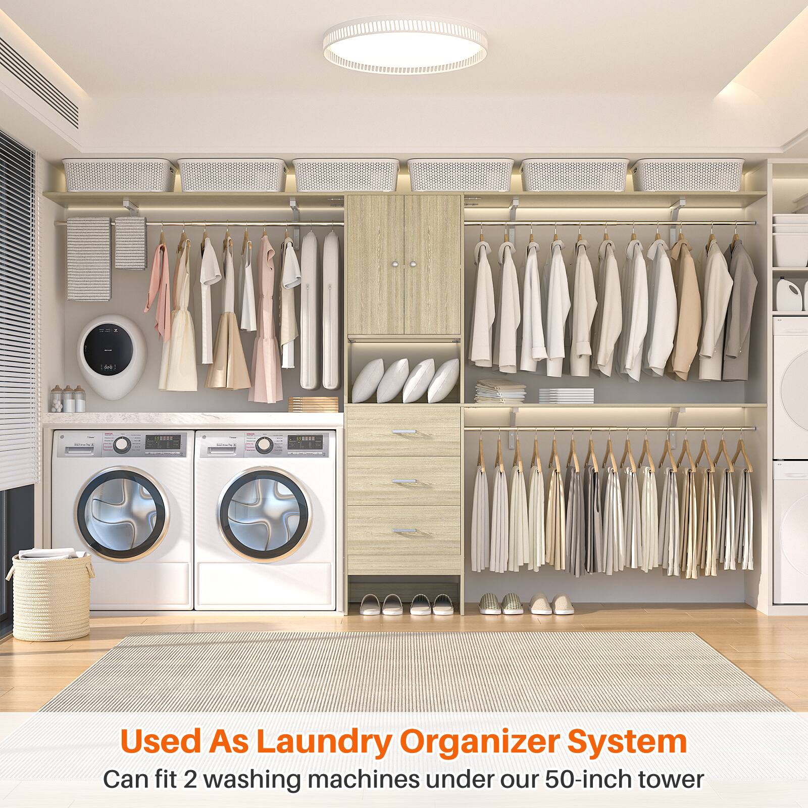 Used As Laundry Organizer System  
Can fit 2 washing machines under our 50-inch tower