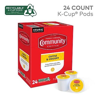 RECYCLABLE K-CUP® PODS  
NOT RECYCLED IN ALL COMMUNITIES  

24 COUNT  
K-Cup® Pods  

KEURIG® COMPATIBLE  

Community Family Owned Coffee  

COFFEE & CHICORY  
"A New Roasted Chicory" blended with 24 HM. HCRLANE 21 1x 24 COFFEE & CHICORY  

Community Coffee