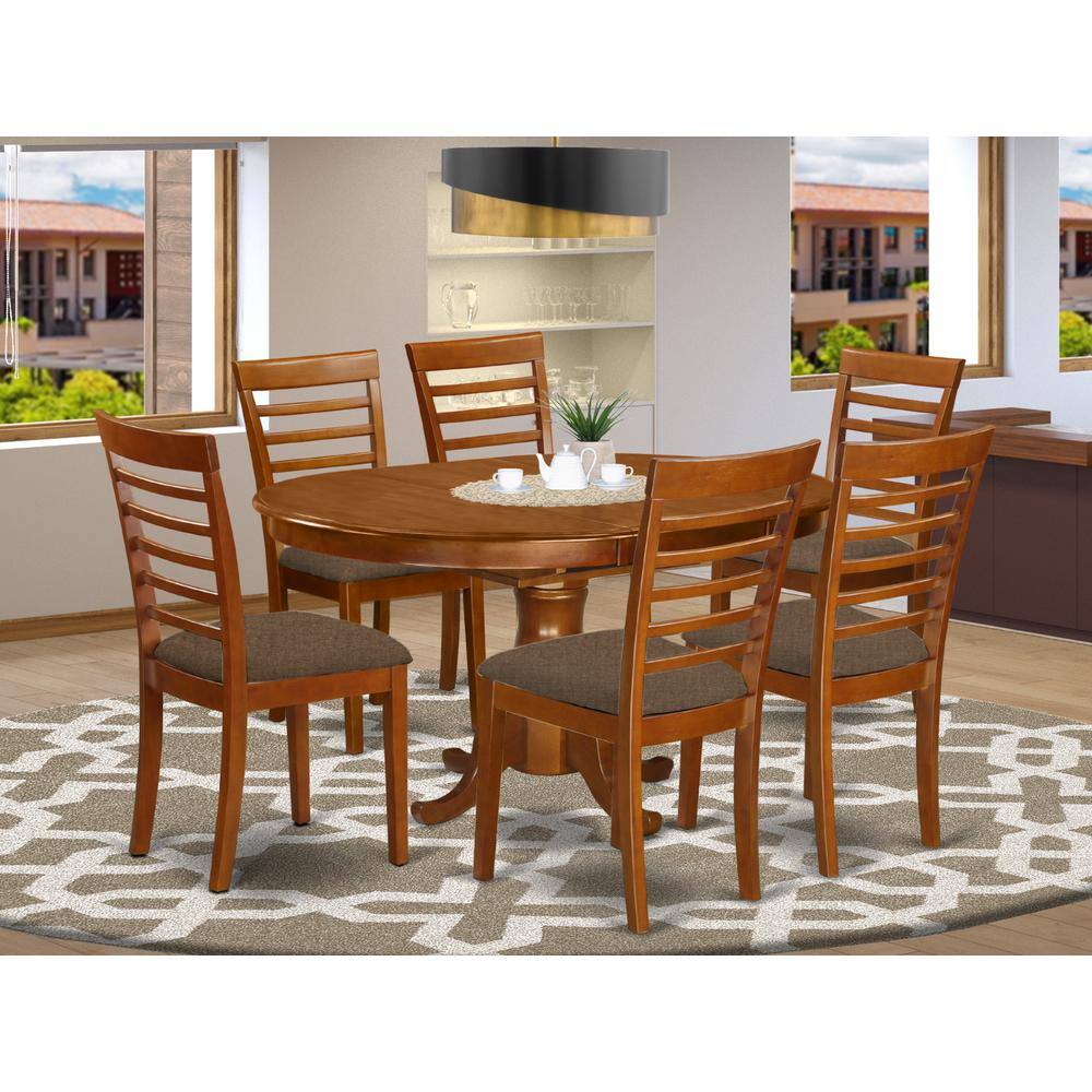 Left. East West Furniture - POML7-SBR-C 7 PC Dining room set for 6-Oval Dining Table with Leaf with 6 Dining Chairs. - Saddle Brown.