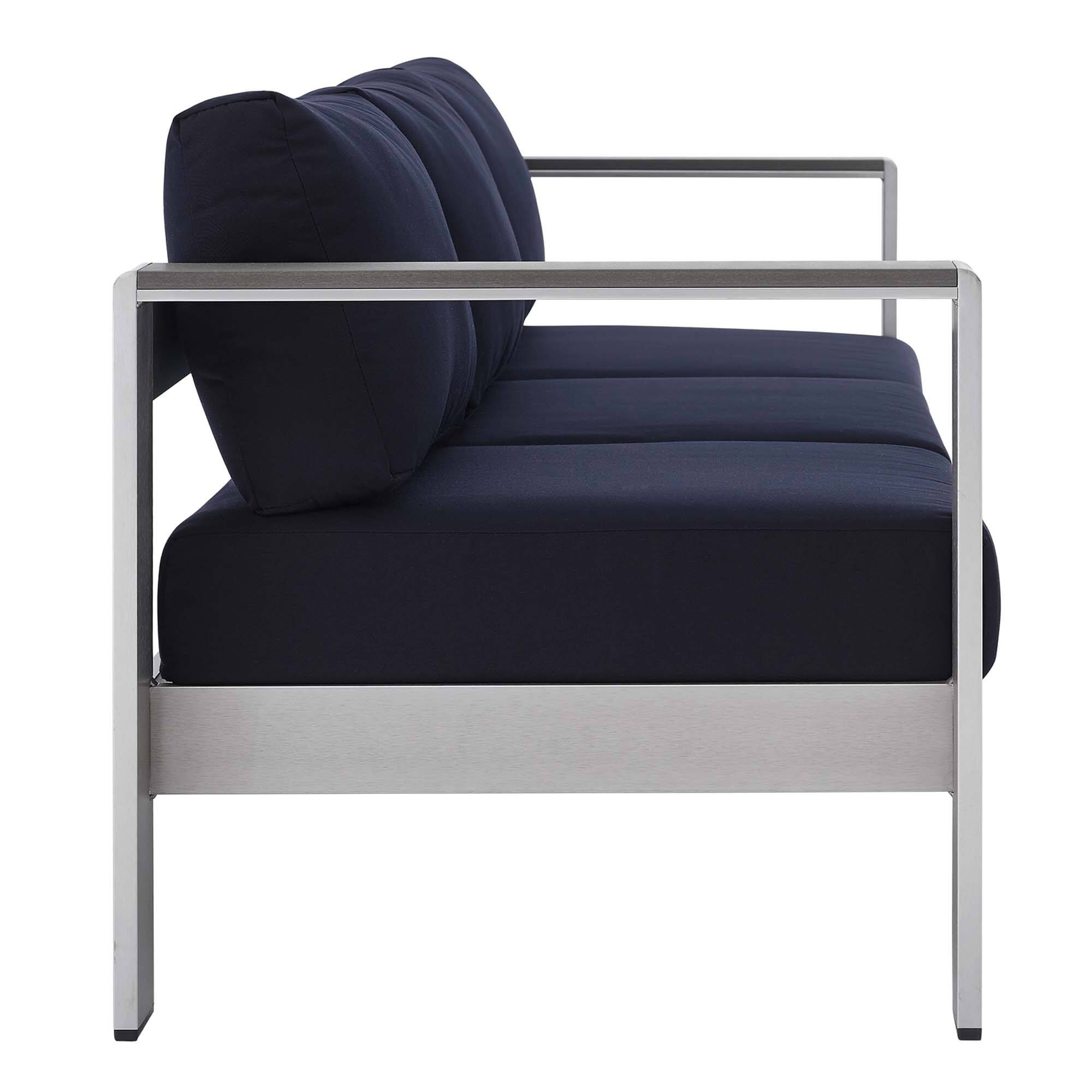 Alt View 1. Modway - Shore Sunbrella® Fabric Aluminum Outdoor Patio Sofa by Modway - Silver Navy.