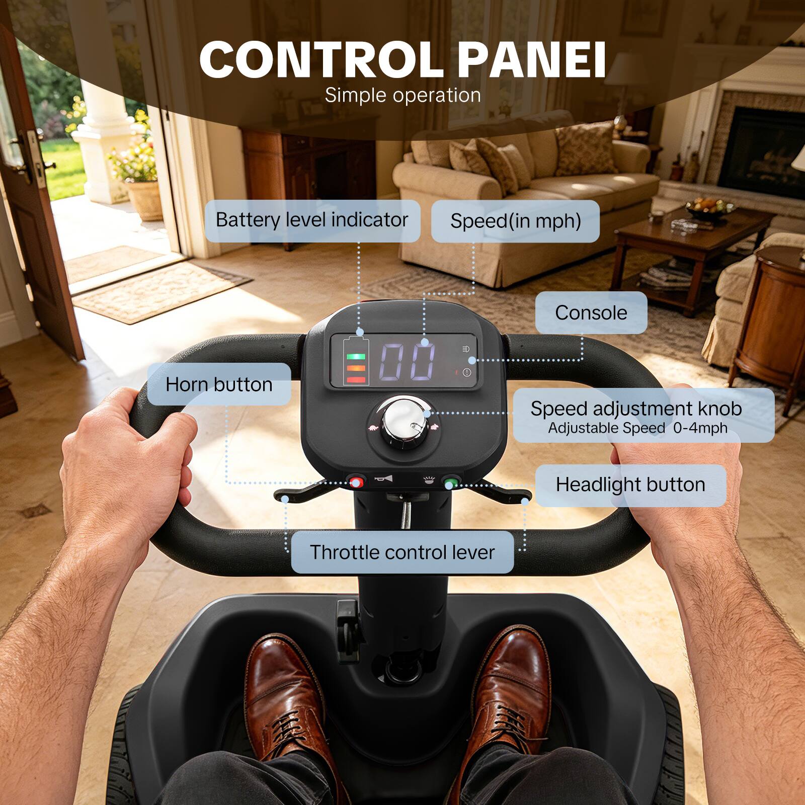 CONTROL PANEL  
Simple operation  
Battery level indicator  
Speed (in mph)  
Console  
Horn button  
Speed adjustment knob  
Adjustable Speed 0-4mph  
Headlight button  
Throttle control lever