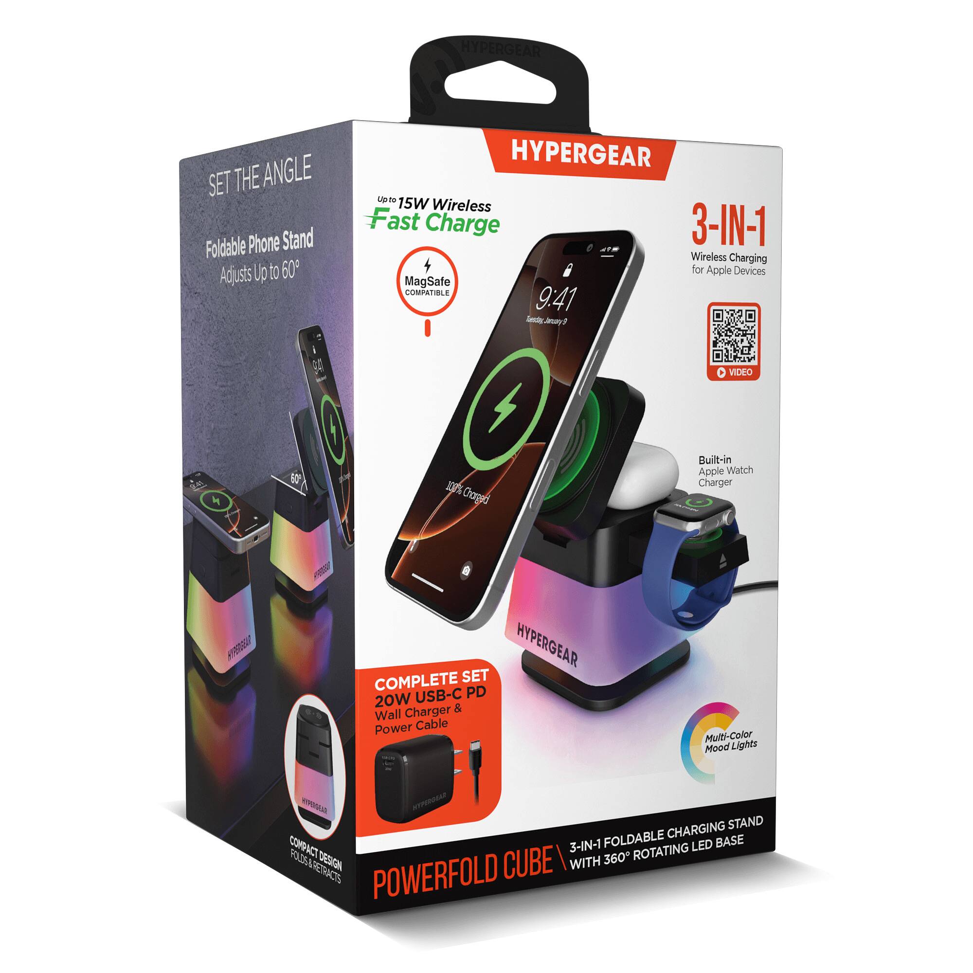 HYPERGEAR SET THE ANGLE Foldable Phone Stand Adjusts Up to 60°

HYPERGEAR UD-t9 15W Wireless Fast Charge 3-IN-1 Wireless Charging for Apple Devices MagSafe COMPATIBLE

9:41 Seily Jeay 90 VIDEO W 100% Chagd Built-in Apple Watch Charger EEO HYPERGEAR COMPLETE SET USB-C PD 20W & Wall Charger Power Cable Multi-Color Mood Lights RVOSLA G CHARGING STAND COMPACT 3-IN-1 FOLDABLE LED BASE ROLDSA ACT DESIGN I 360° ROTATING RETRACTABLE POWERFOLD CUBE WITH