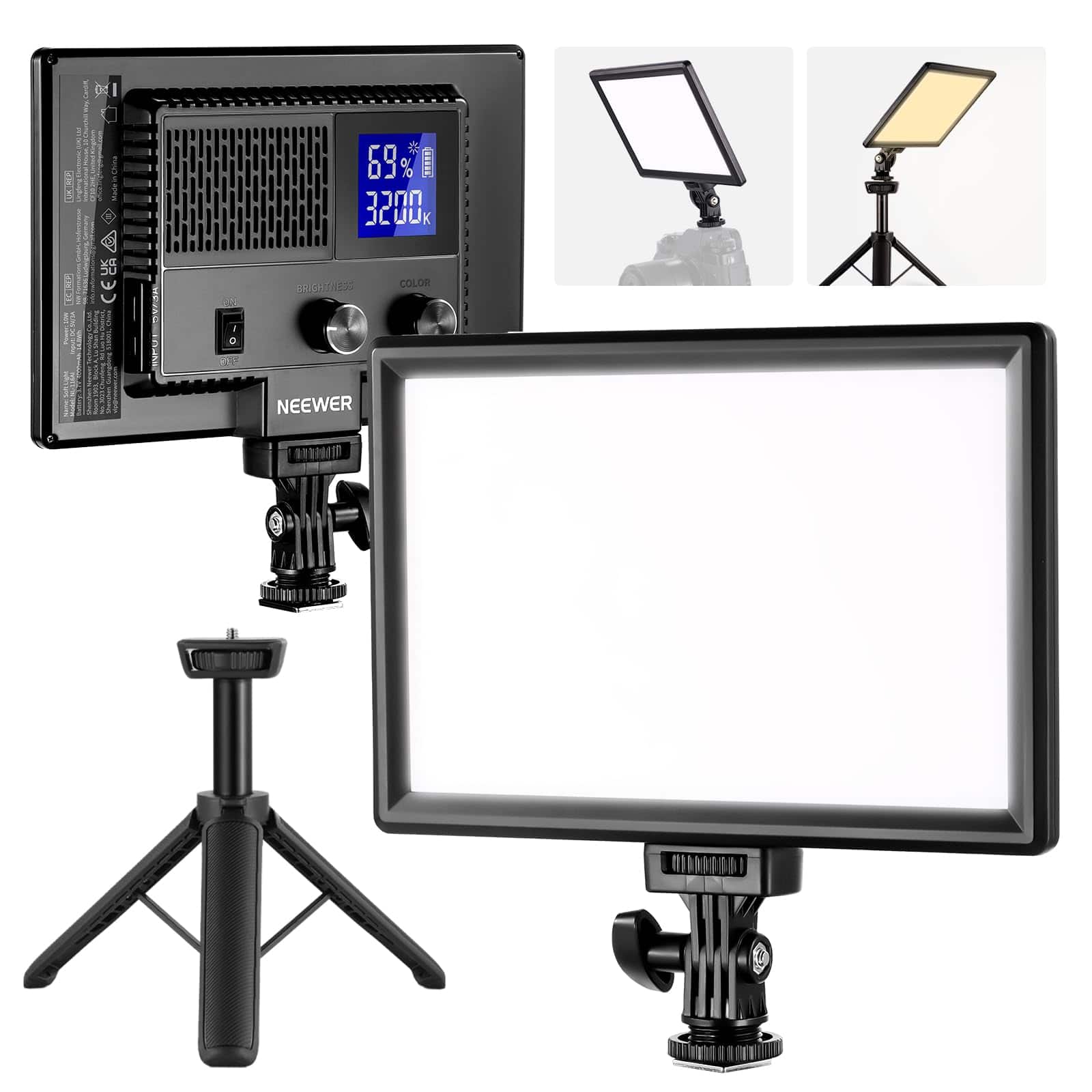 Neewer - 9" LED Video Light Panel, Dimmable 3200K-5600K CRI95+ with Desk Stand & USB-C for Studio/Streaming - Black