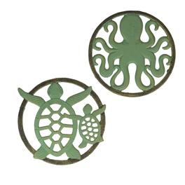 Zeckos - Cast Iron Trivet Set: Nautical Octopus & Sea Turtle Design, Verdigris Finish - Green