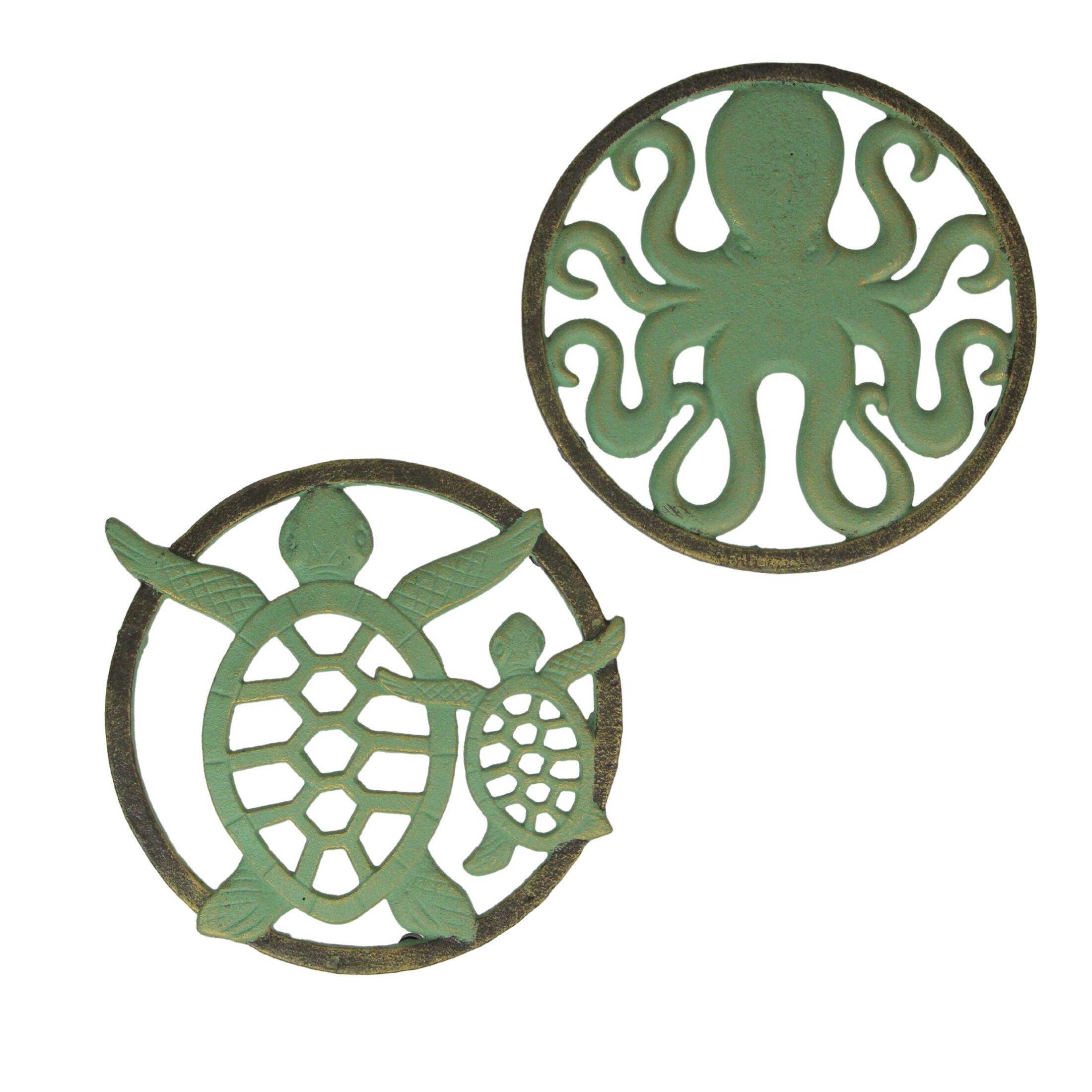 Front. Zeckos - Cast Iron Trivet Set: Nautical Octopus & Sea Turtle Design, Verdigris Finish - Green.