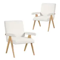 Costway 2 PCS Mid-Century Accent Chair with Solid Rubber Wood Frame and Padded Armrests - Beige + Natural - Front_Zoom