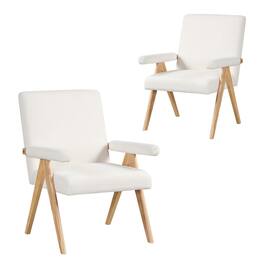 Costway - 2 PCS Mid-Century Accent Chair with Solid Rubber Wood Frame and Padded Armrests - Beige + Natural