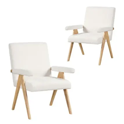 Front. Costway - 2 PCS Mid-Century Accent Chair with Solid Rubber Wood Frame and Padded Armrests - Beige + Natural.