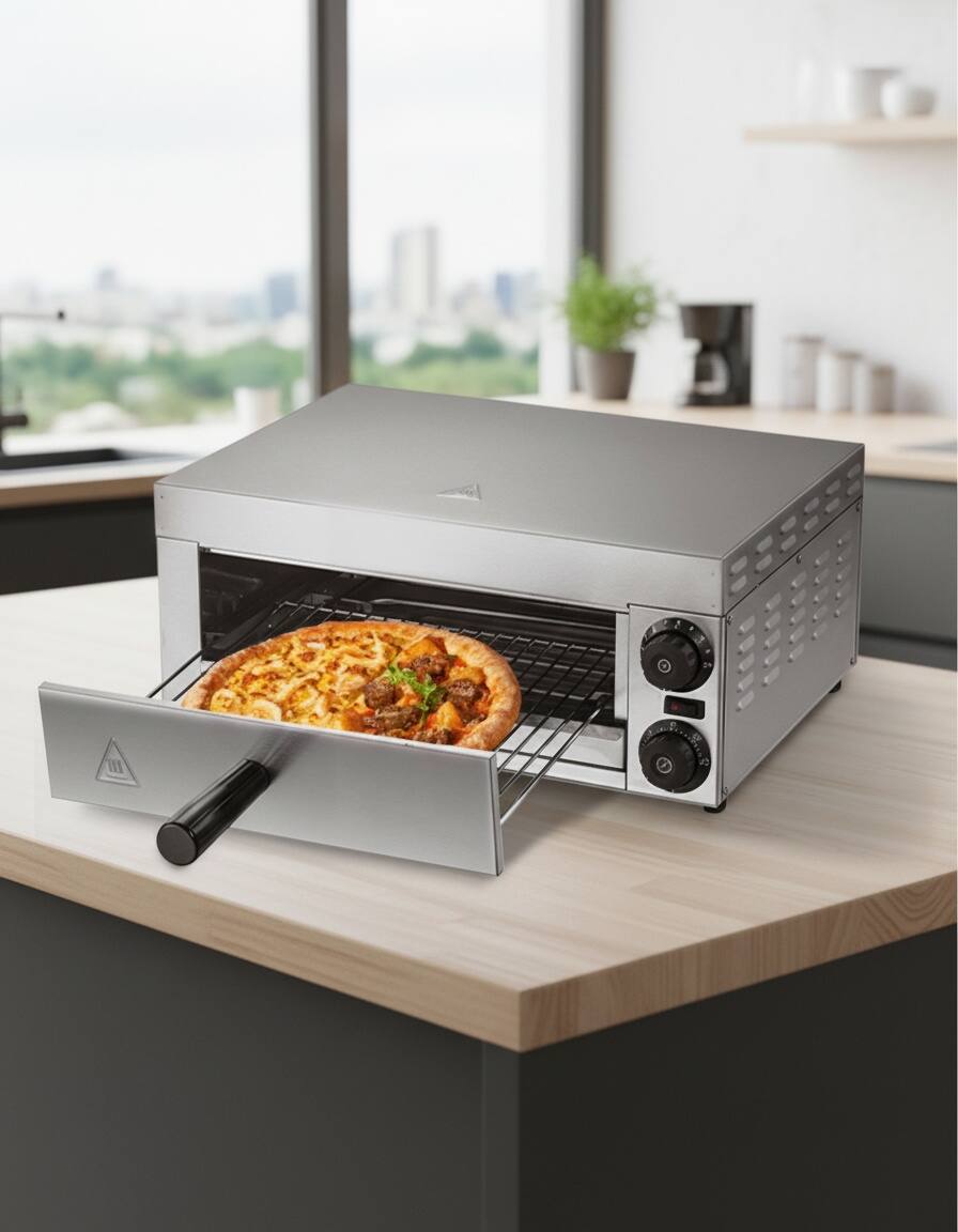 Back. Forest'nSky - 12-Inch 1500W Countertop Pizza Oven, Commercial Grade with Temp Control & Timer, Even Heat - Silver.