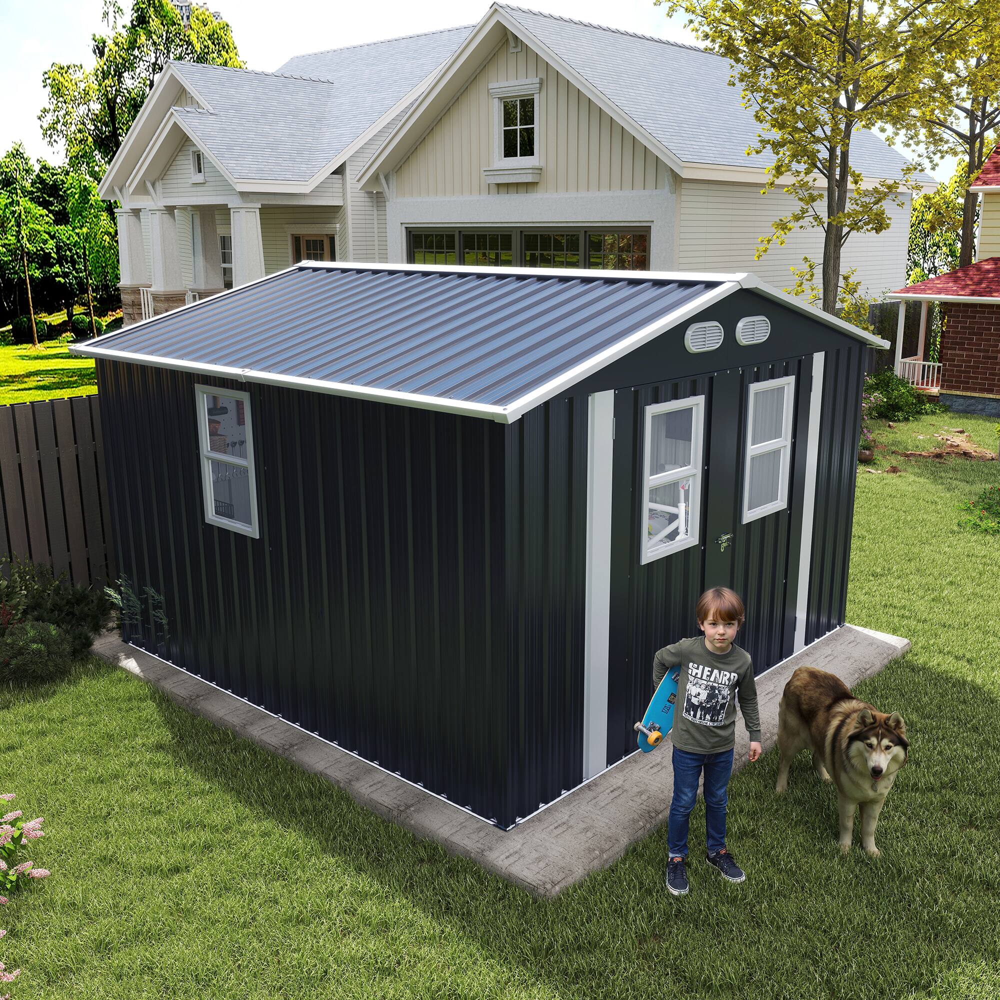 Left. Mondawe - 8x8 FT Outdoor Storage Shed with Protective Film, Four Daylight Windows and Lockable Doors - Dark Gray.
