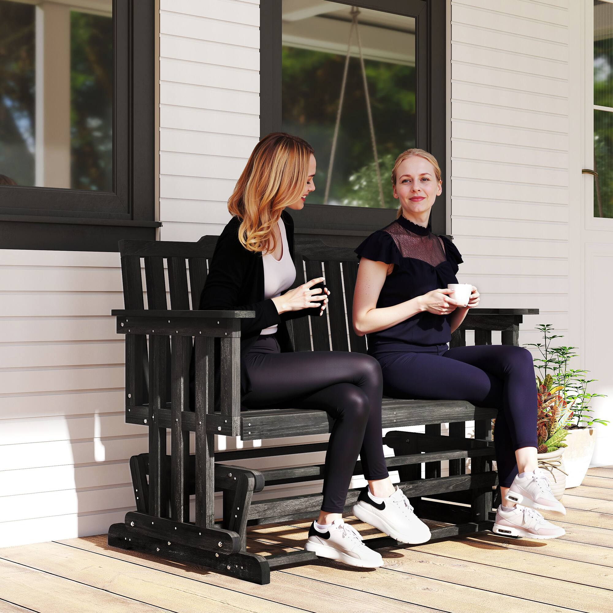Alt View 1. Outsunny - 2-Person Patio Swing Glider Bench with Quick Drying Design and Wide Armrest, Wood Rocking Chair Loveseat - Black.