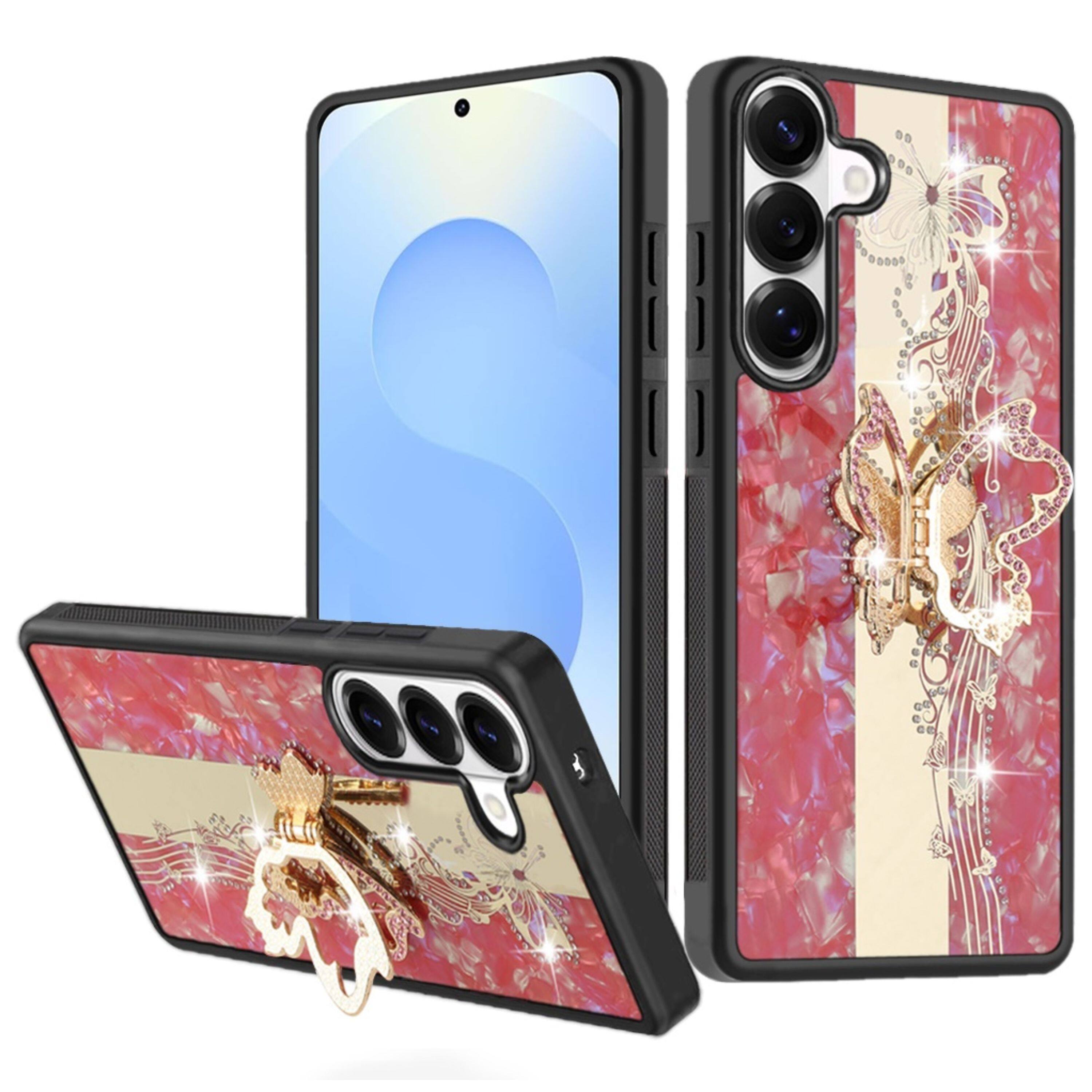Front. Kitcheniva - Rhinestone Bling Decor Glitter Cover Plus Tempered Glass For Samsung S25/S24 Enchanted Butterfly Red - Red.