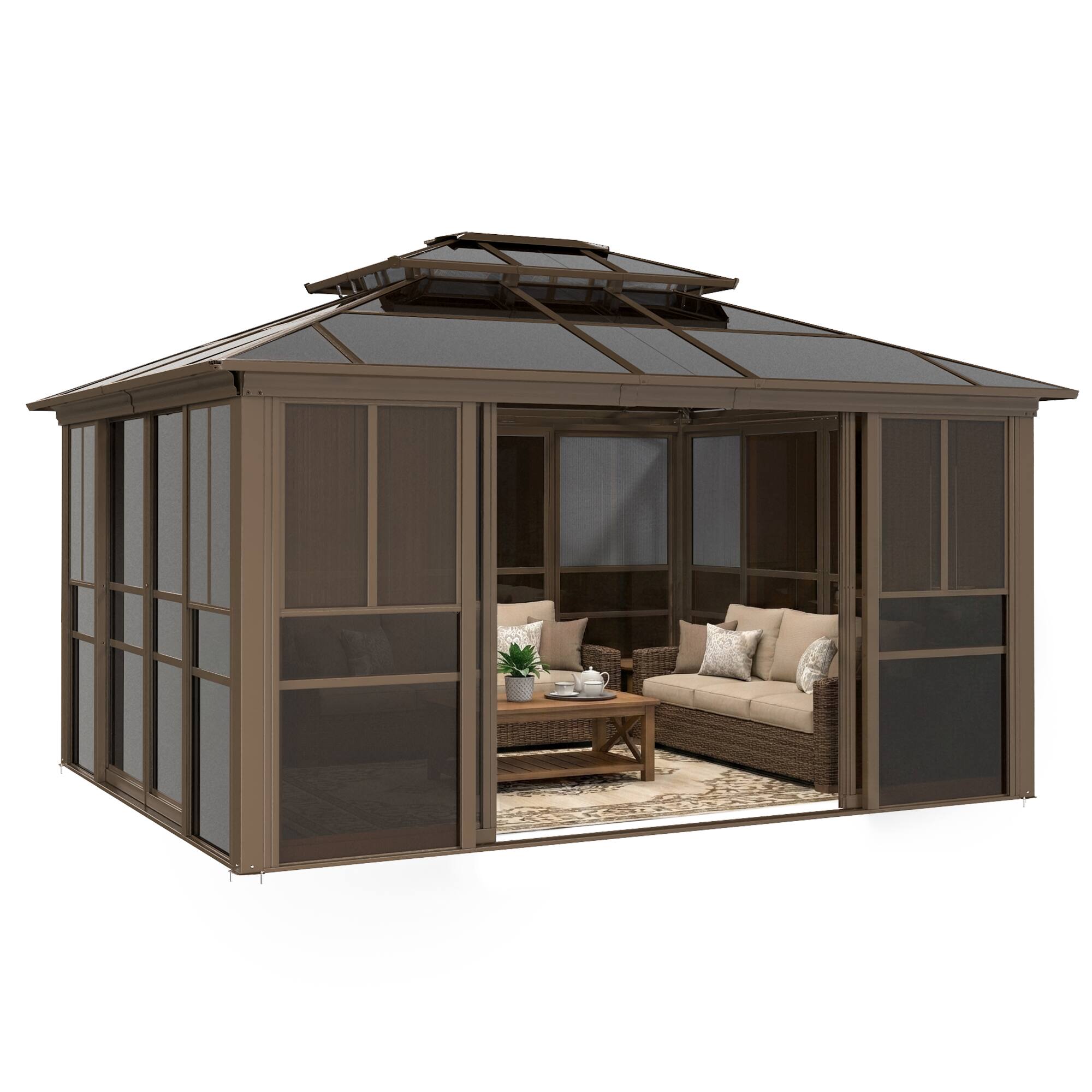 Alt View 4. U-HOMY - Sunroom Gazebo with Double Roof, Adjustable Windows & Lockable Sliding Doors, All-Weather Solarium for Patio - 10' x 12'.