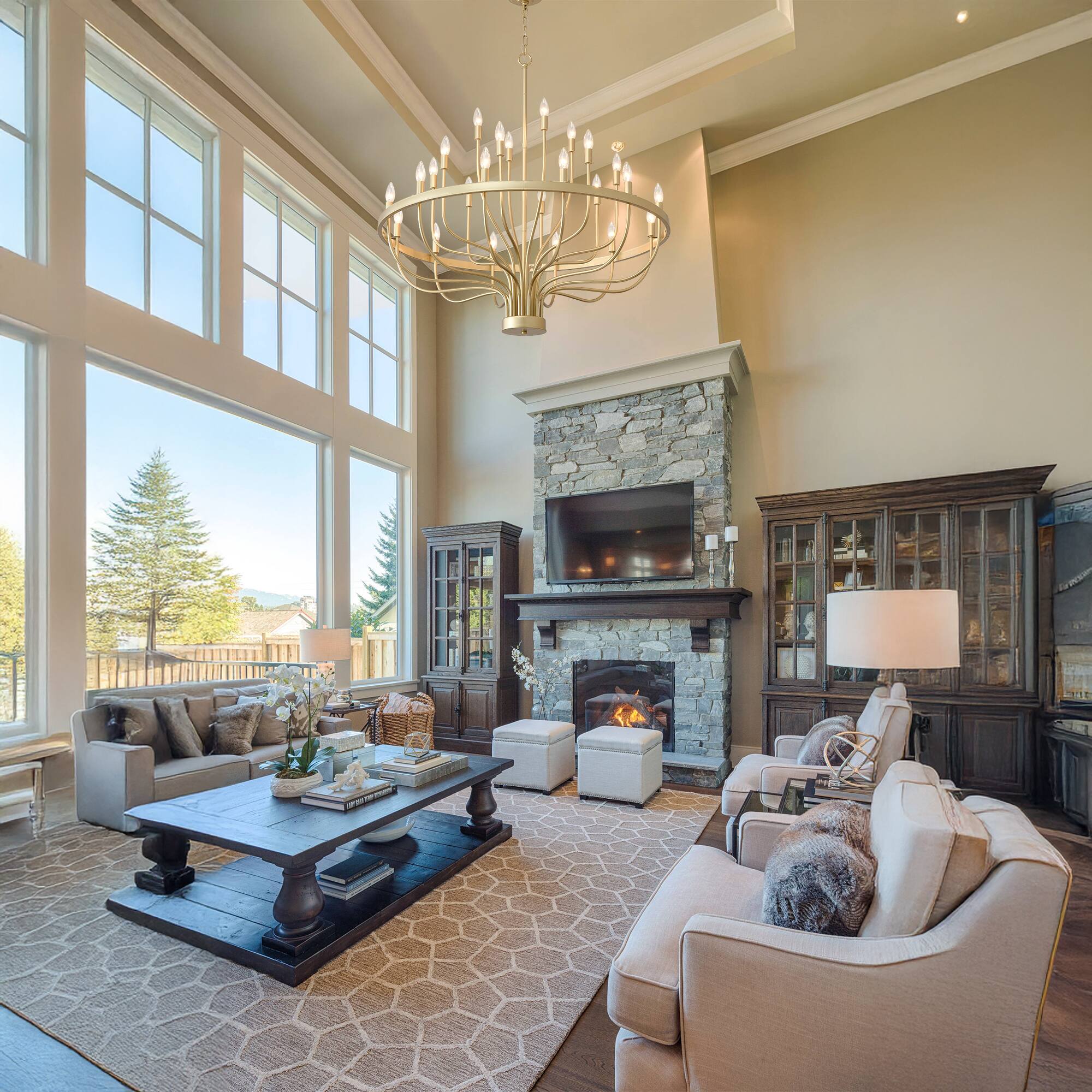 Left. RYHNUYNE - Gold Chandelier 24 Light Large Chandelier for High Ceilings 39.3in Farmhouse Wagon Wheel Chandeliers for Hallway Foyer - Gold.