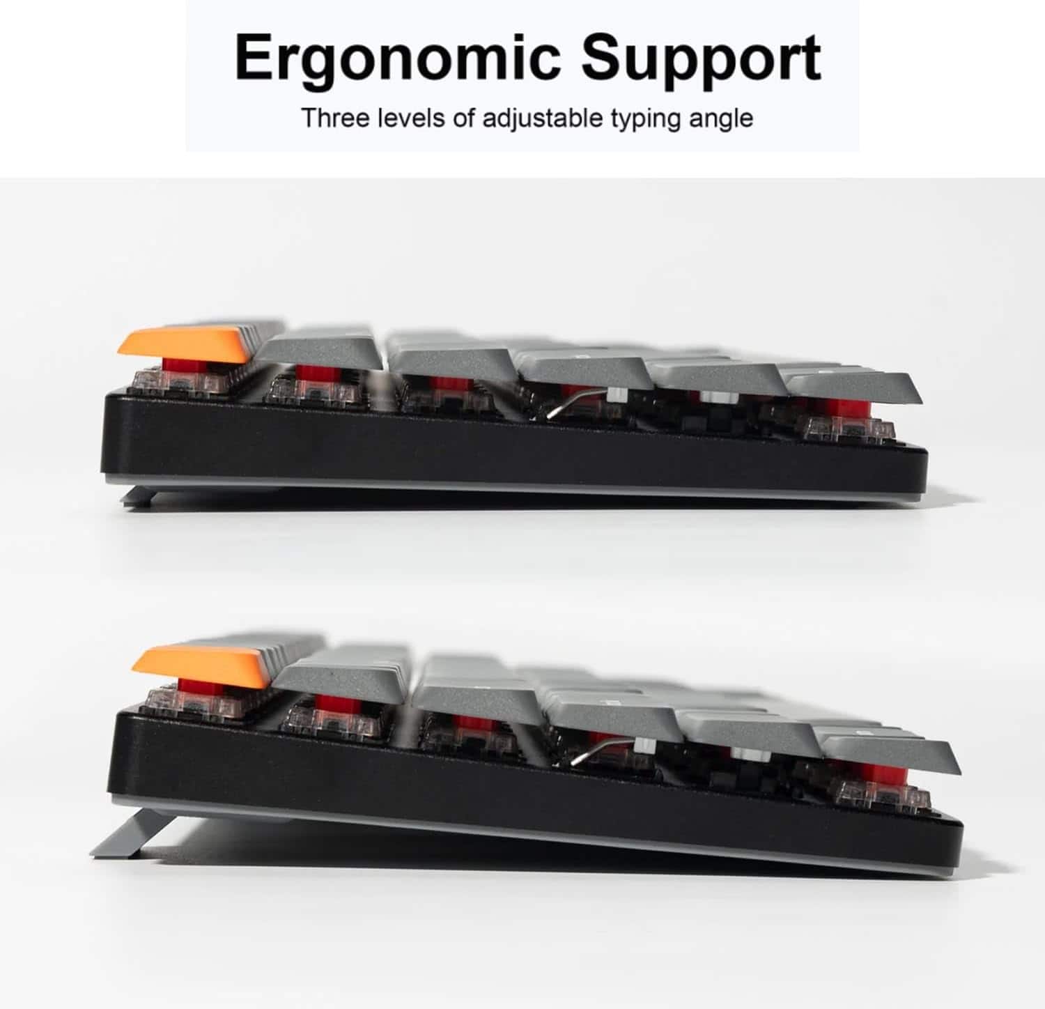 Ergonomic Support: Three levels of adjustable typing angle.