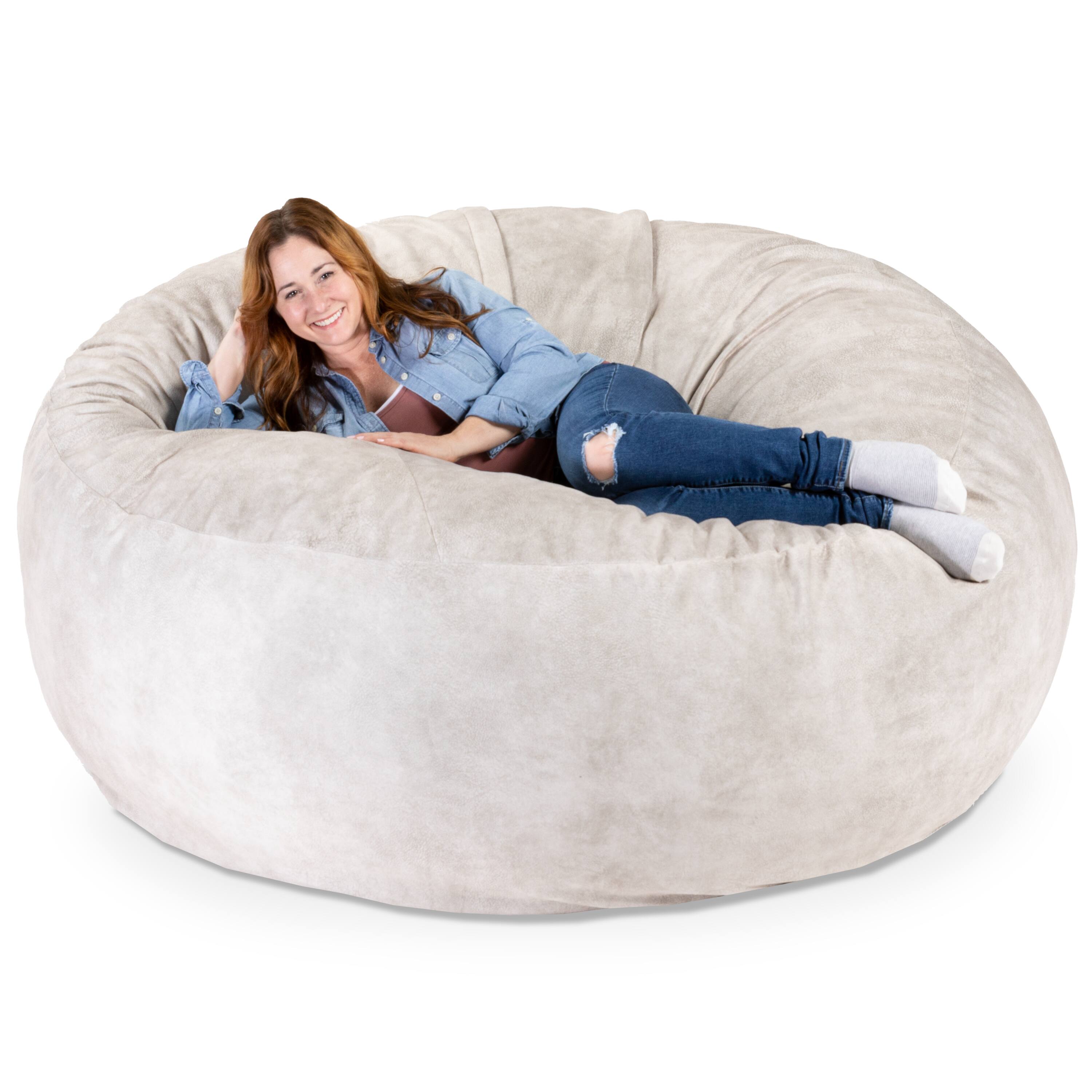Left. Jaxx - Jaxx Saxx 6 Foot Giant Bean Bag Chair - Padded Microvelvet, Beige - Padded Microvelvet - Beige.