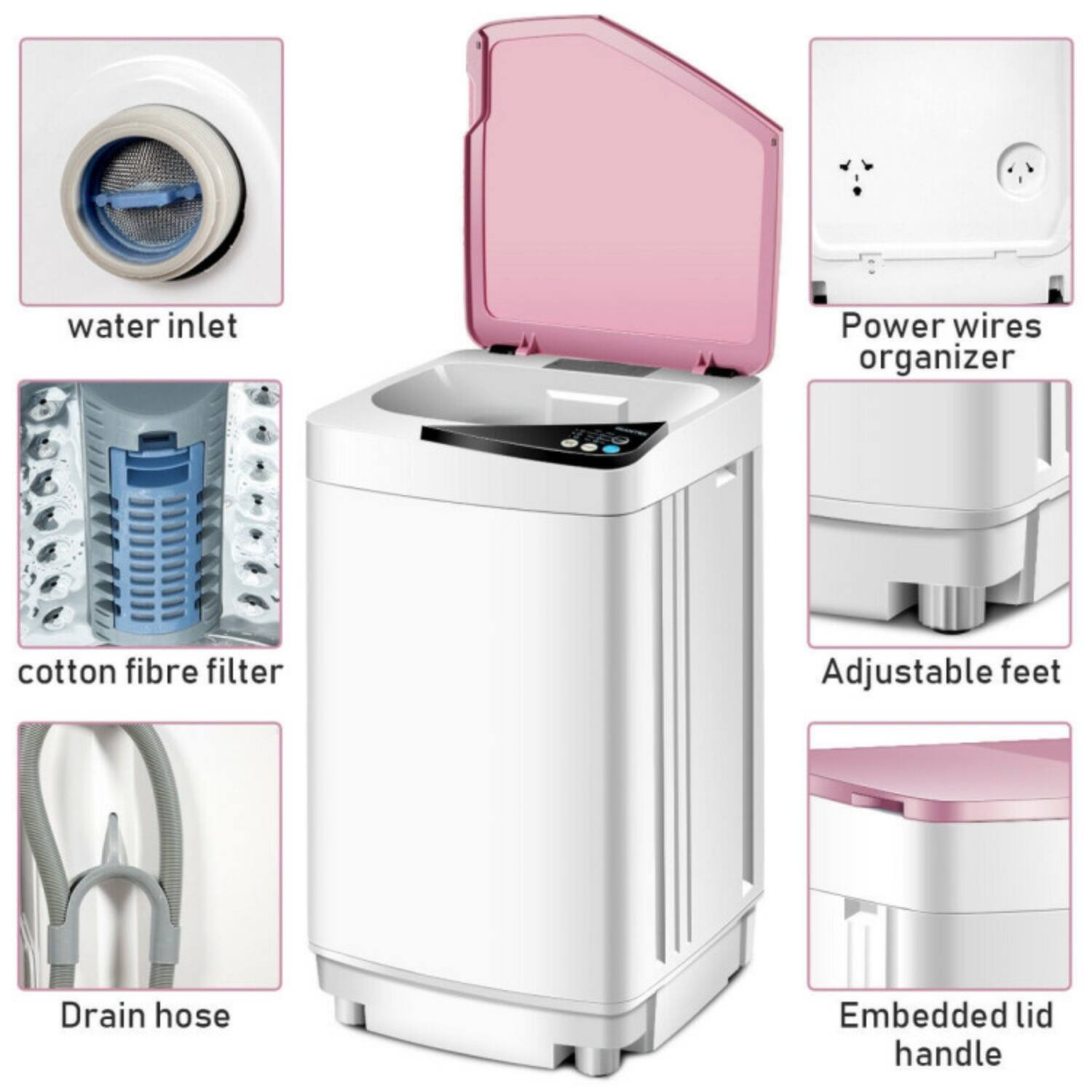 - Water inlet
- Power wires organizer
- Cotton fibre filter
- Adjustable feet
- Drain hose
- Embedded lid handle