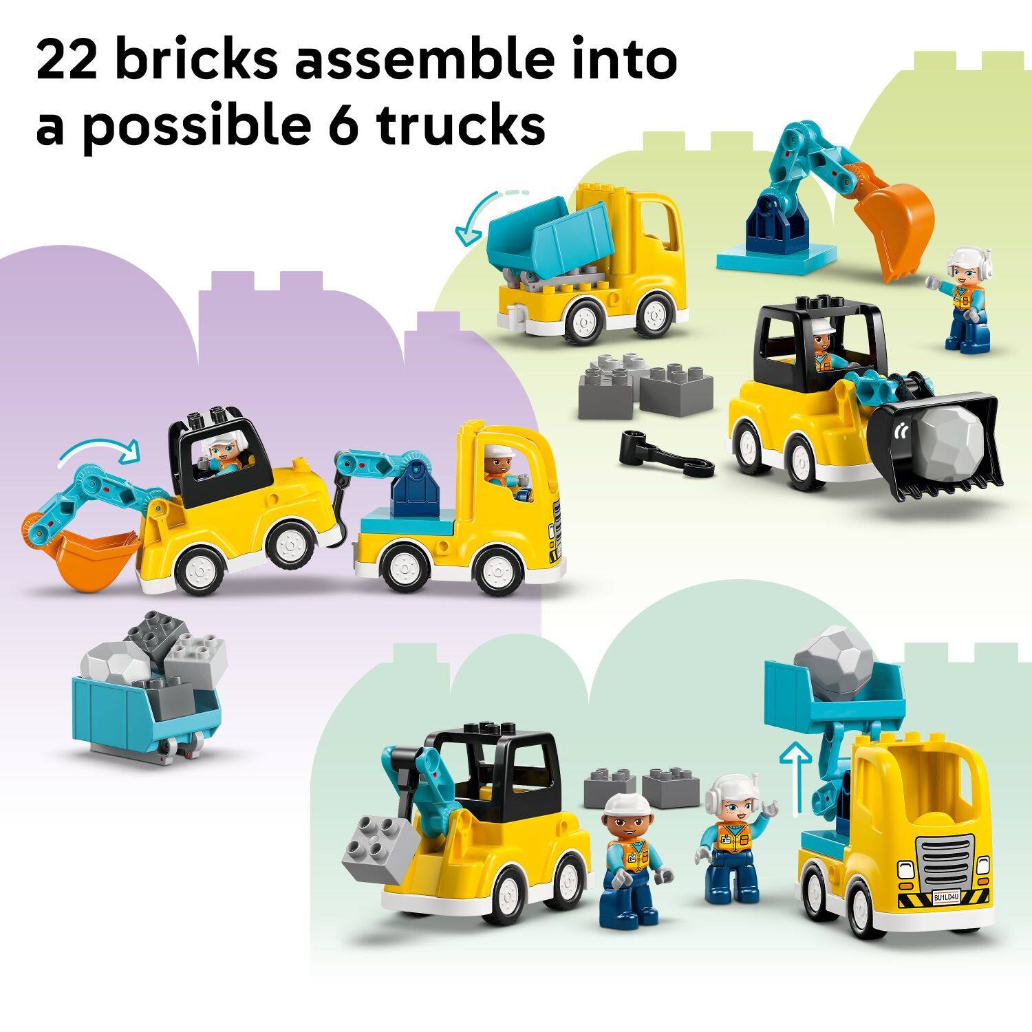 22 bricks assemble into a possible 6 trucks