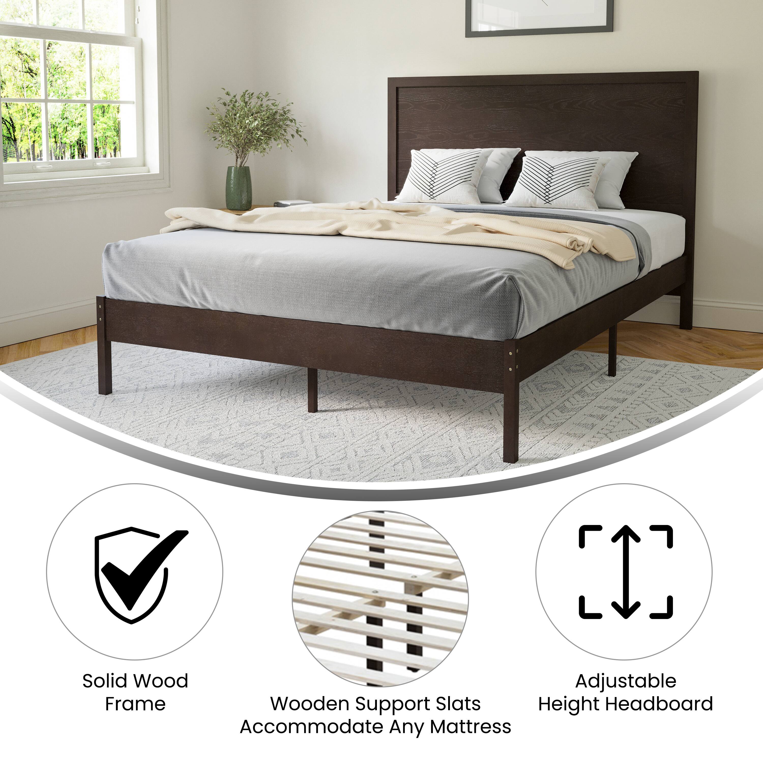 Solid Wood Adjustable Frame Wooden Support Slats Accommodate Any Mattress Height Headboard