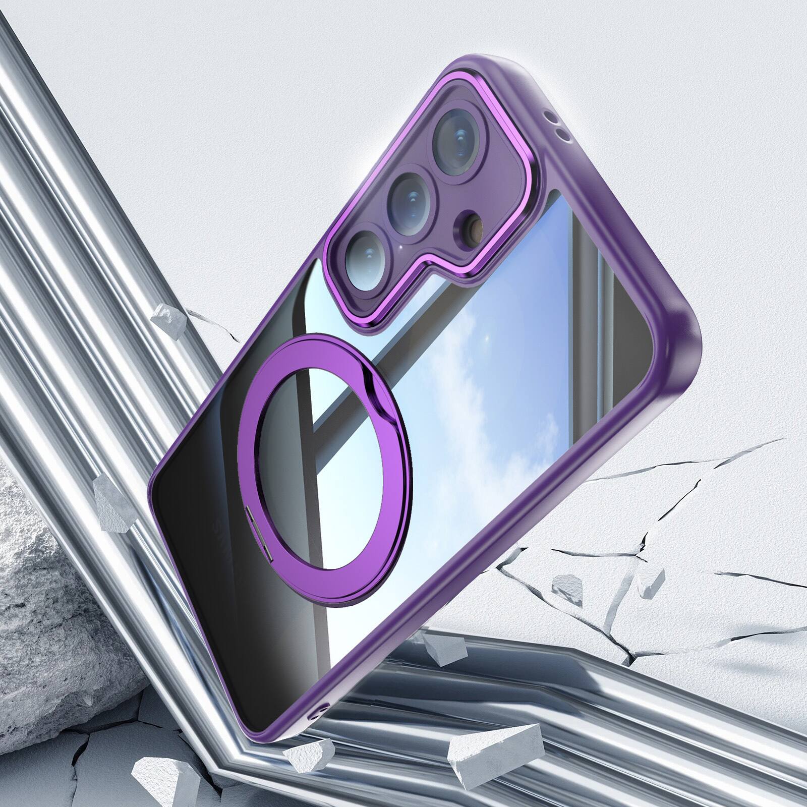 Back. Dteck - Magnetic Clear Case For Samsung Galaxy A17 5G, Shockproof Anti-Scratch 360° Ring Holder Stand PC+TPU Protection Cover - Darkpurple.