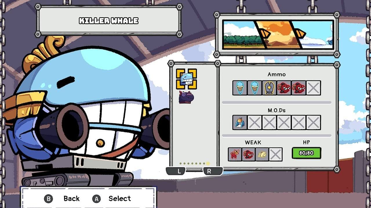 KILLER WHALE

Ammo
- [Icons of weapons]

M.O.Ds
- [Icons of M.O.Ds]

WEAK
- [Icon of weakness]

HP
- 80/80

Back A Select