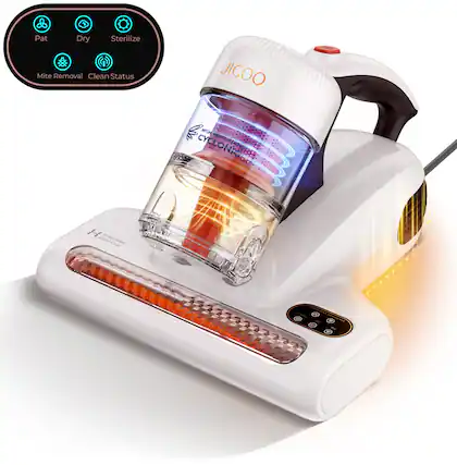 The image features a white JIGOO vacuum cleaner with a red button on top. The vacuum cleaner is designed to perform various tasks, including drying, sterilizing, and mite removal. It also has a built-in cup for easy cleaning and maintenance. The image showcases the vacuum cleaner in a clean and organized setting, highlighting its features and functionality.