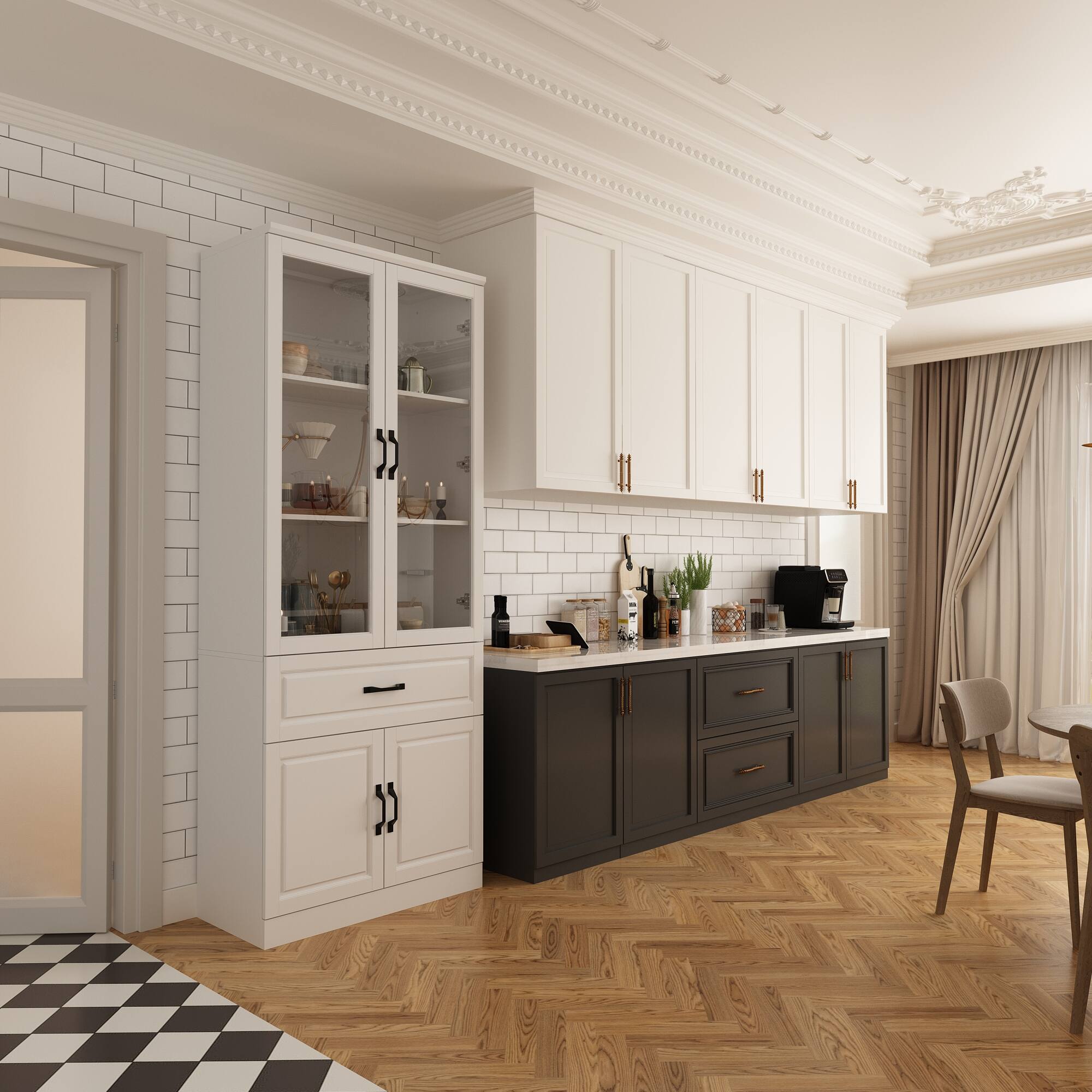 Alt View 2. FUFU & GAGA - FUFU&GAGA Modern Kitchen Buffet Cabinet with Glass Doors: Adjustable Shelves & Drawer for Dining Room Storage - White.