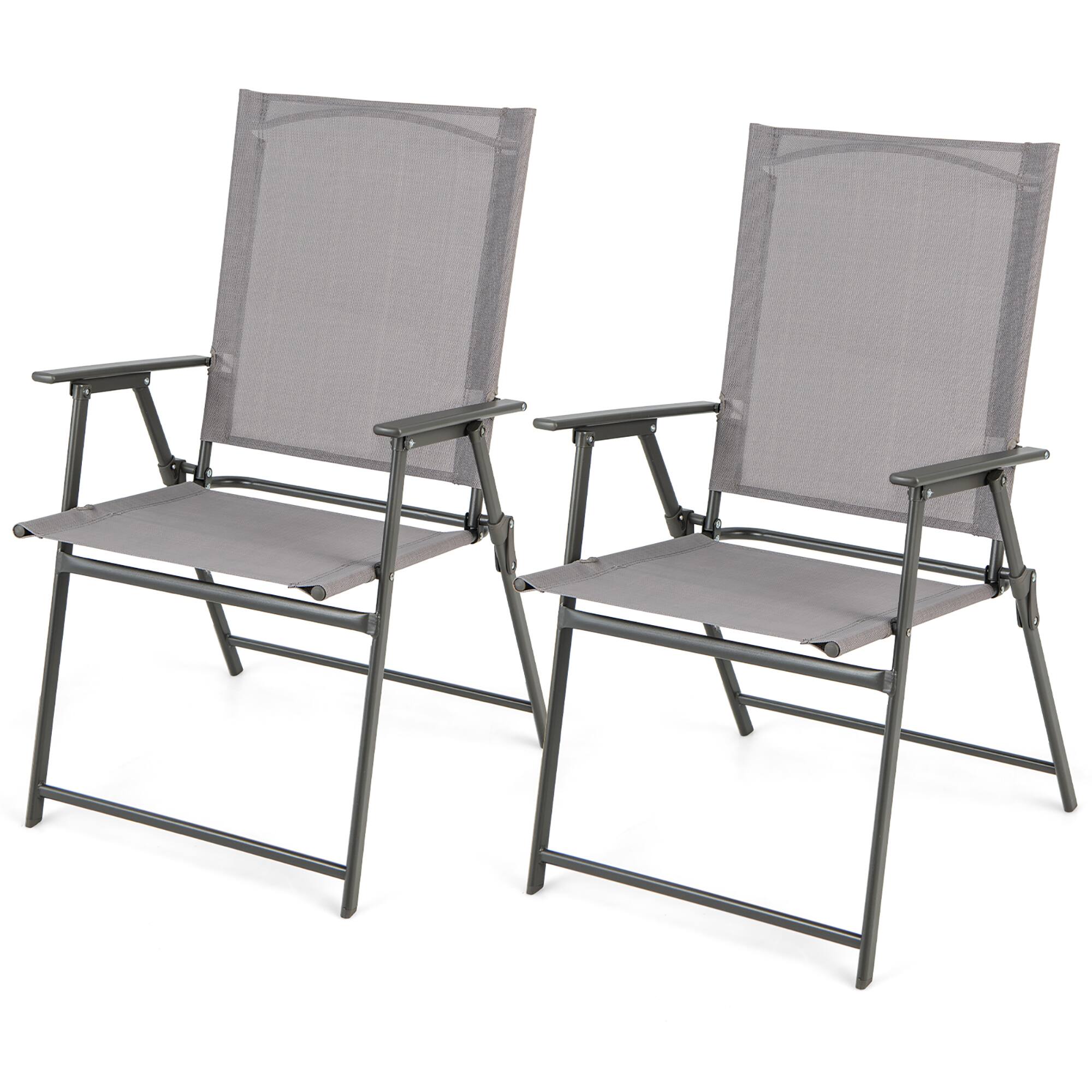 Front. Gymax - Gymax 2PCS Folding Portable Dining Chairs Metal Frame Armrests Outdoor Patio Grey - Grey.