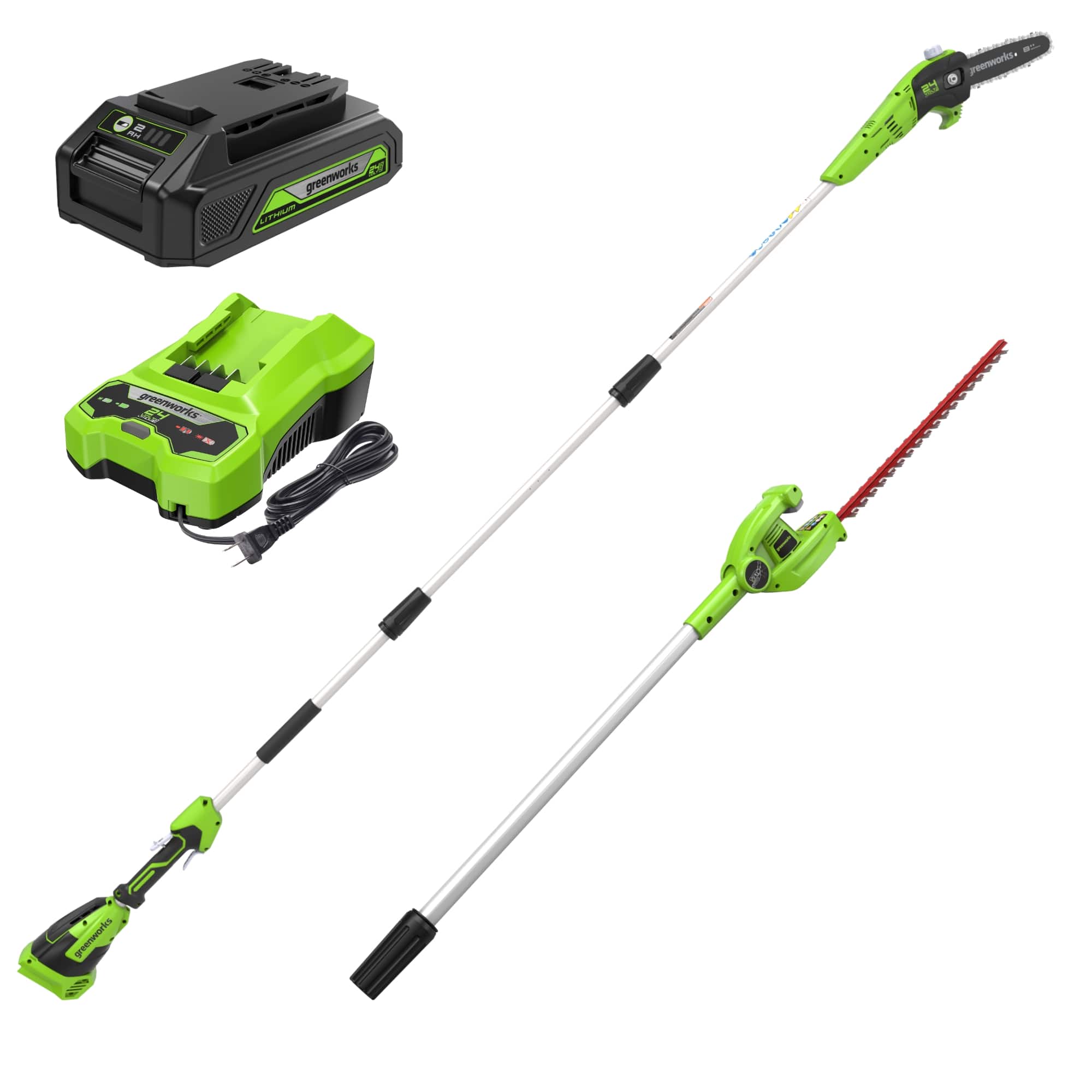 Greenworks - 24V 8” Polesaw / Pole Hedge Trimmer Combo, with 2.0Ah Battery and Charger - Green
