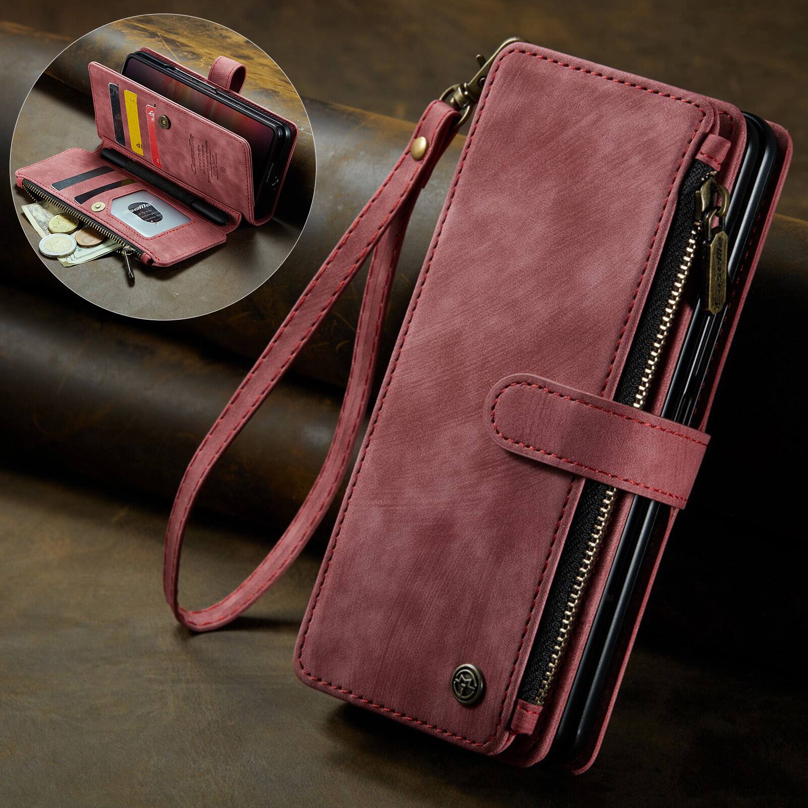 Angle. Dteck - For Samsung Galaxy Z Fold8 Ultra Premium Leather Shockproof Purse Case Card Slots Zipper Pocket Cover + Wrist Strap - Red.