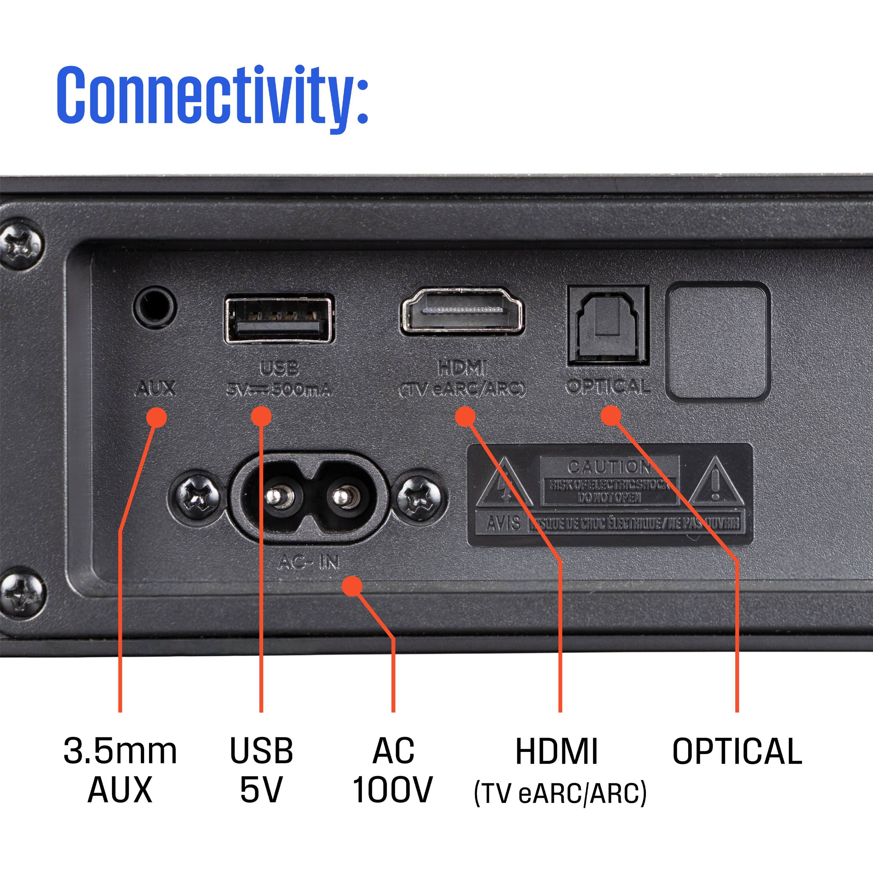 Connectivity:  
- 3.5mm AUX  
- USB 5V  
- AC 100V  
- HDMI (TV eARC/ARC)  
- OPTICAL  

CAUTION:  
- DO NOT OPEN  
- Avis: Ne pas ouvrir  
- Electric shock  
- Electricité