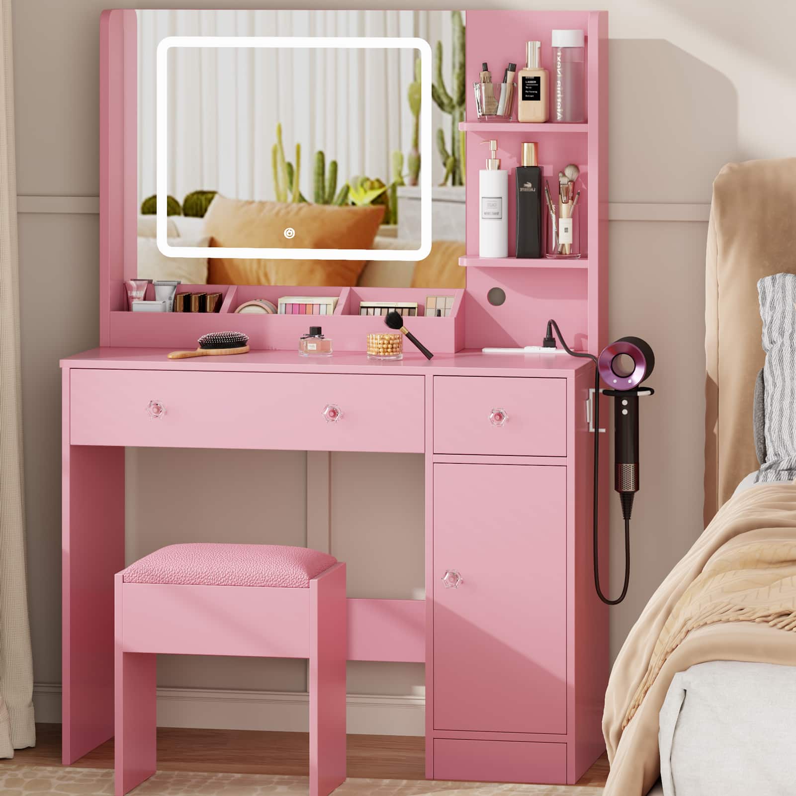 Furnulem - 34 In Vanity Desk Set with LED Lighted Mirror Power Outlet 3 Shelves 2 Drawers for Bedroom Checkroom - Pink