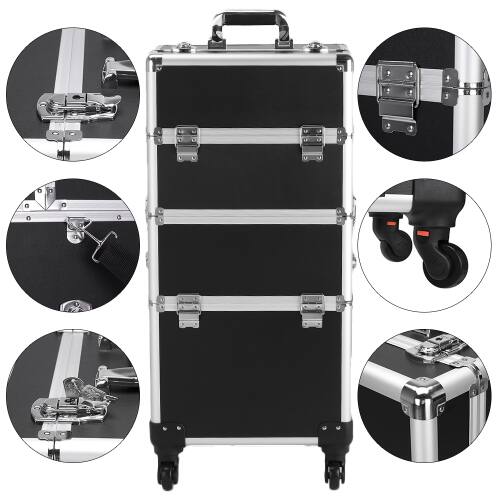 Alt View 3. Winado - 3 in 1 Makeup Case Rolling Trolley Cosmetic Travel Organizer with Key Wheels Suitcase for Beauticians Hairstylists Nail - Black.