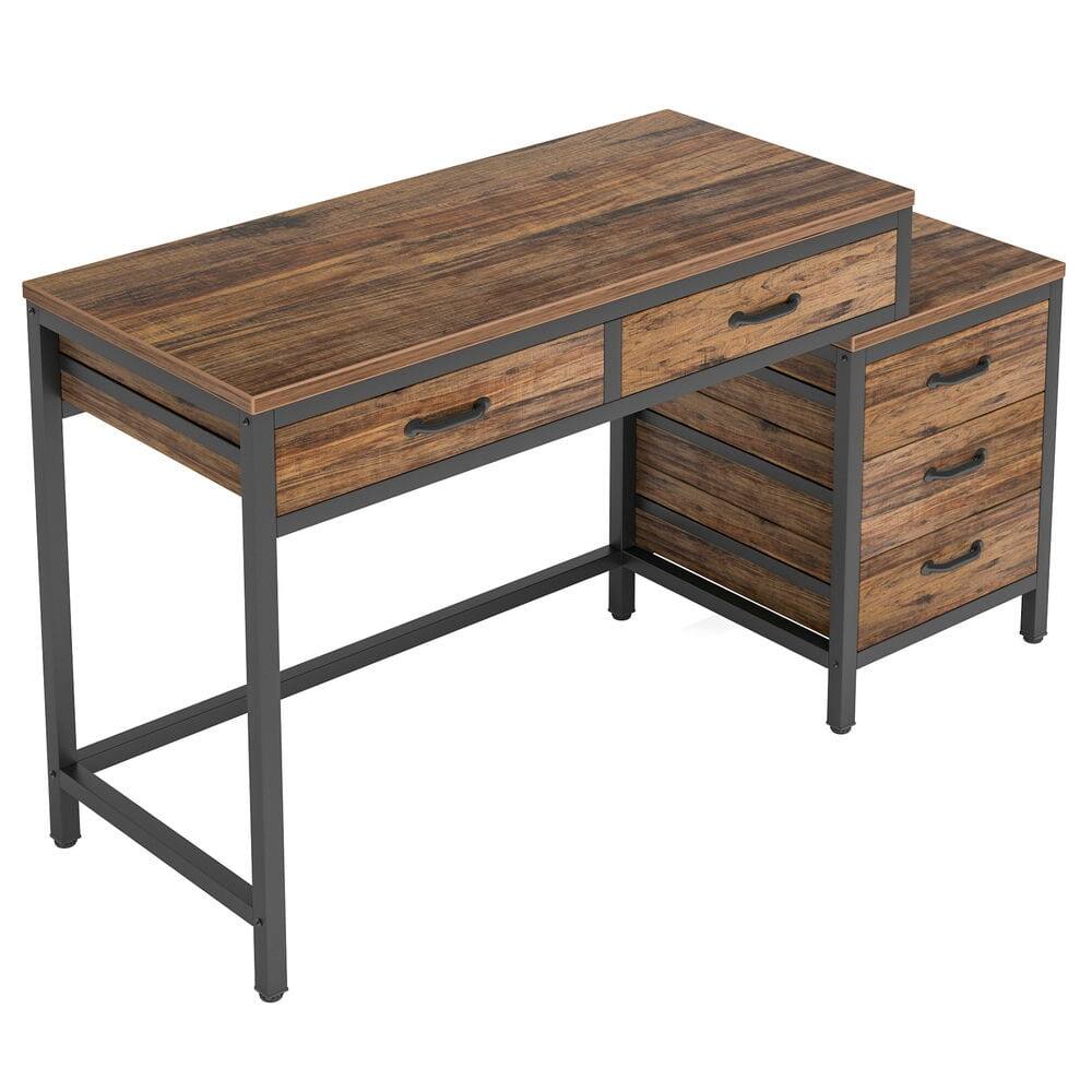 Front. Kadyn - Kadyn Study Writing Desk, 5-Drawer Computer Desk with Reversible Drawer Cabinet,Rustic Brown - Brown.