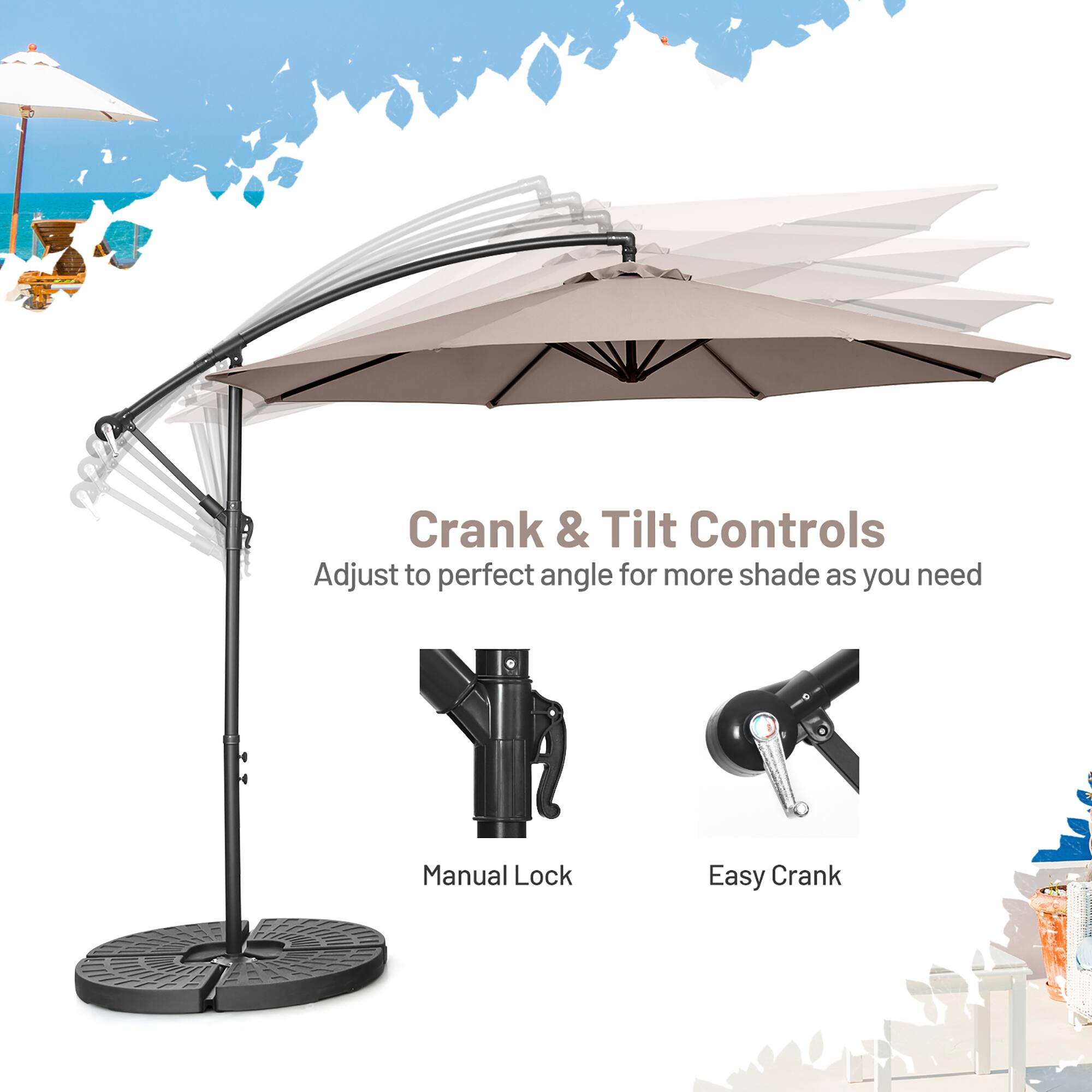 Crank & Tilt Controls: Adjust to perfect angle for more shade as you need. Manual Lock. Easy Crank.